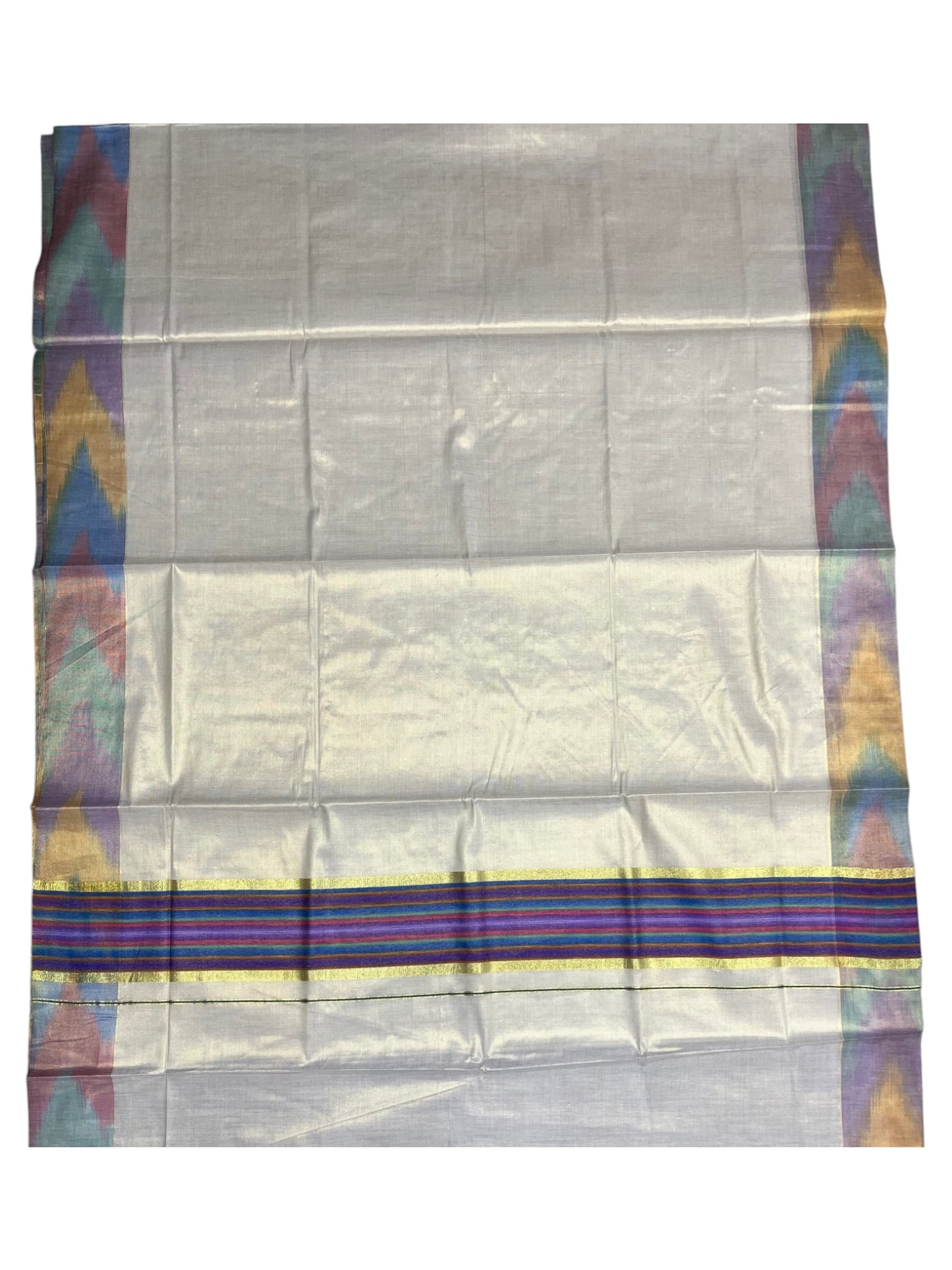 Southloom Kerala Tissue Kasavu Saree with Multi Colour Pochampally Design on Borders and Kara