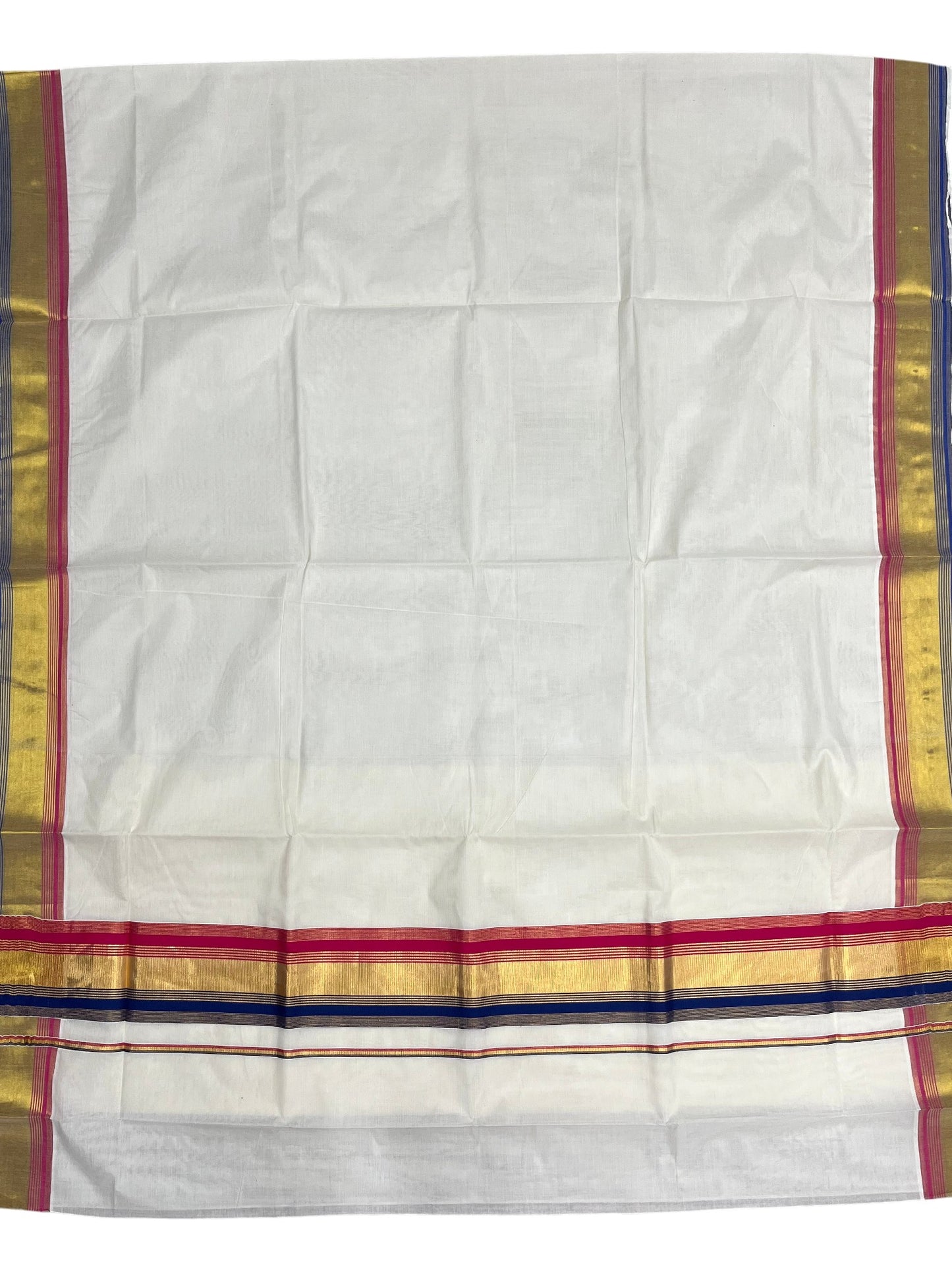 Southloom Kerala Cotton Kasavu Saree with Blue And Pink Border