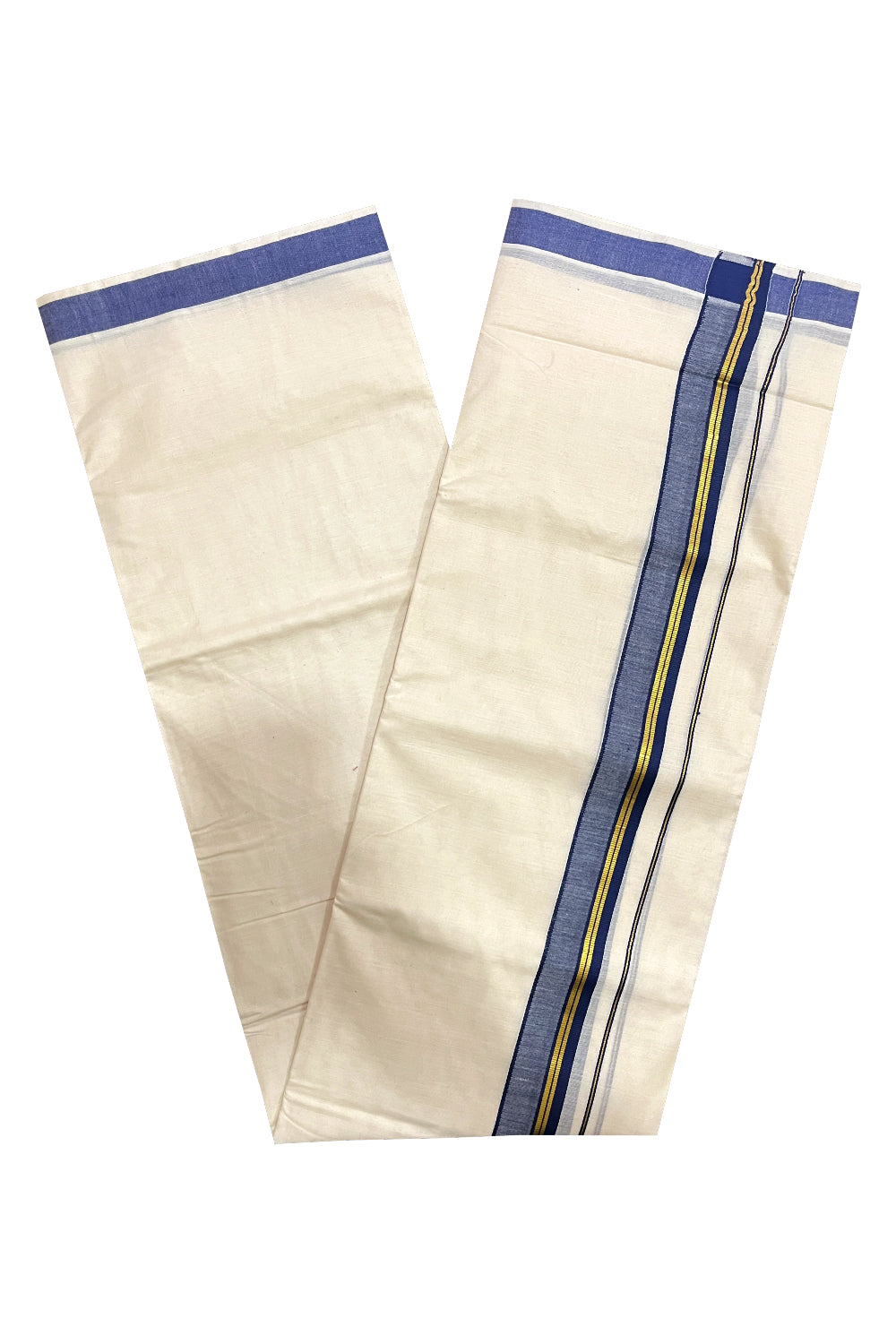 Pure Cotton Kerala Double Mundu with Kasavu and Blue Kara (South Indian Dhoti)