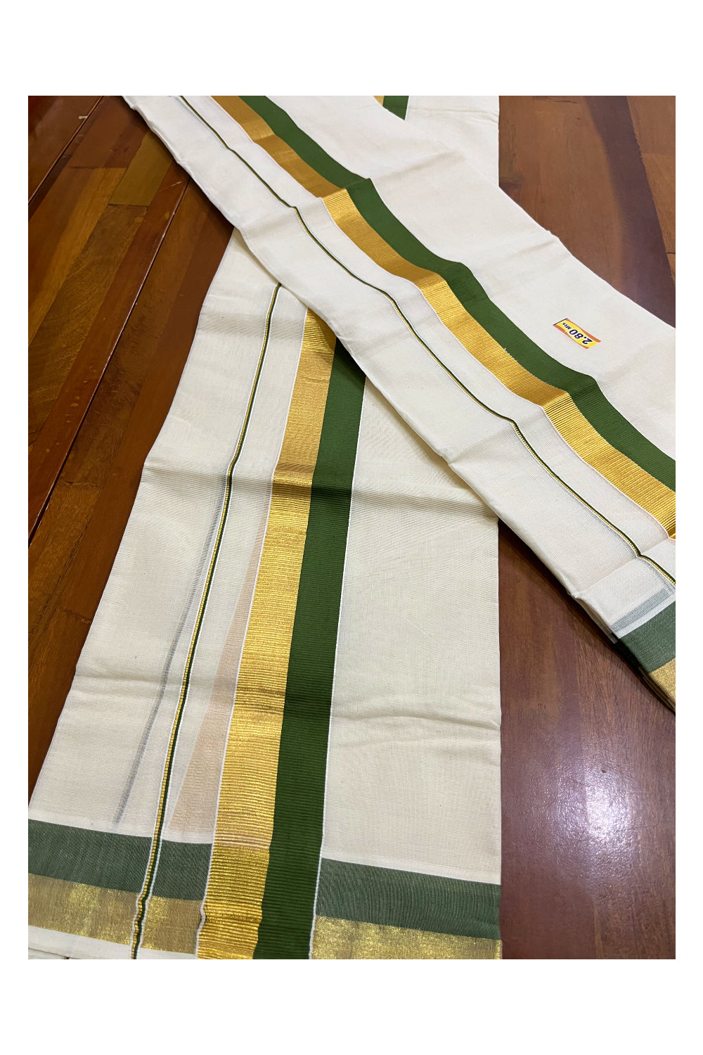 Kerala Cotton Set Mundu (Mundum Neriyathum) with Olive Green and Kasavu Border 2.80 Mtrs