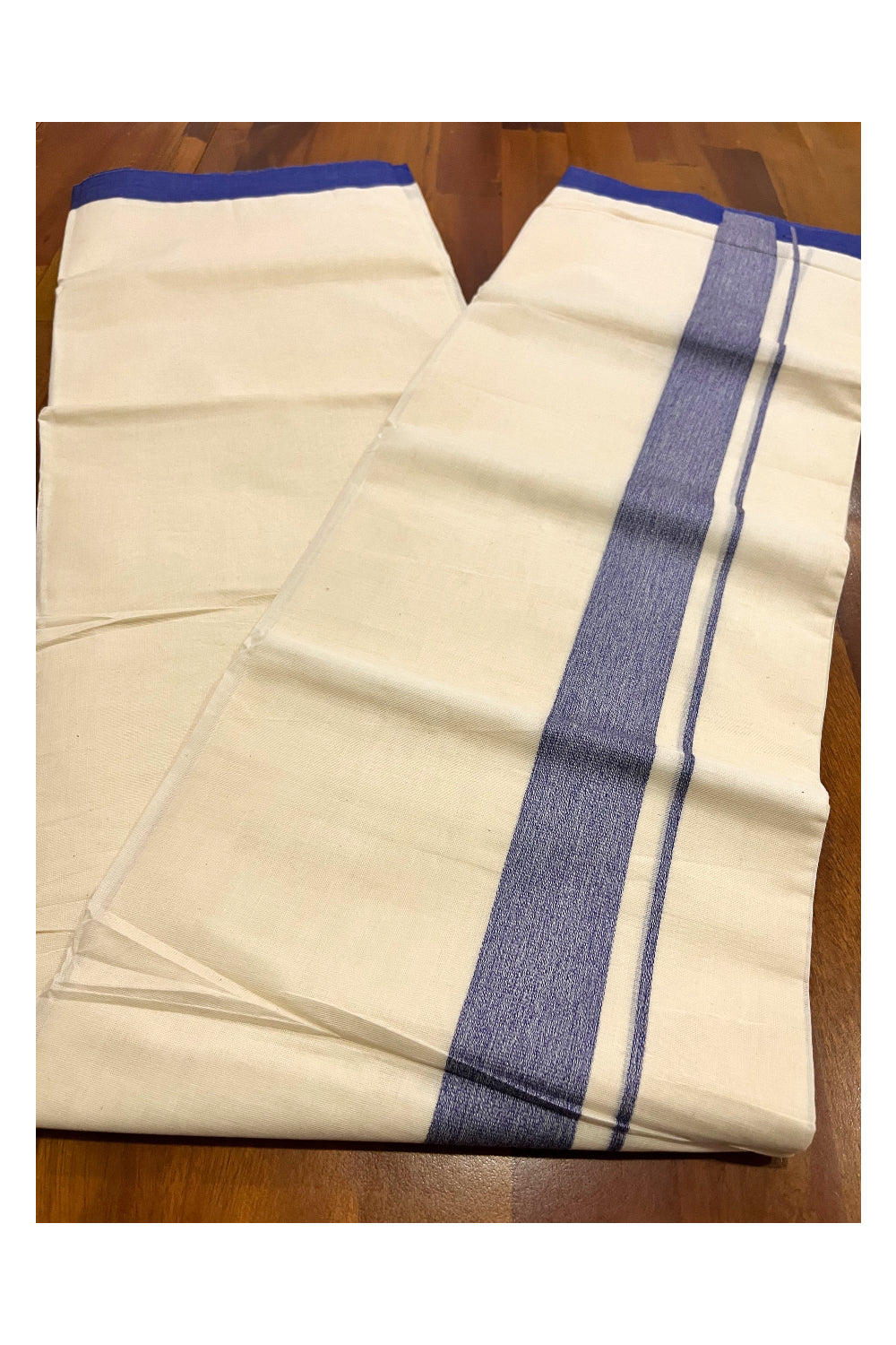 Kerala Pure Cotton Double Mundu with Blue Border (South Indian Kerala Dhoti)