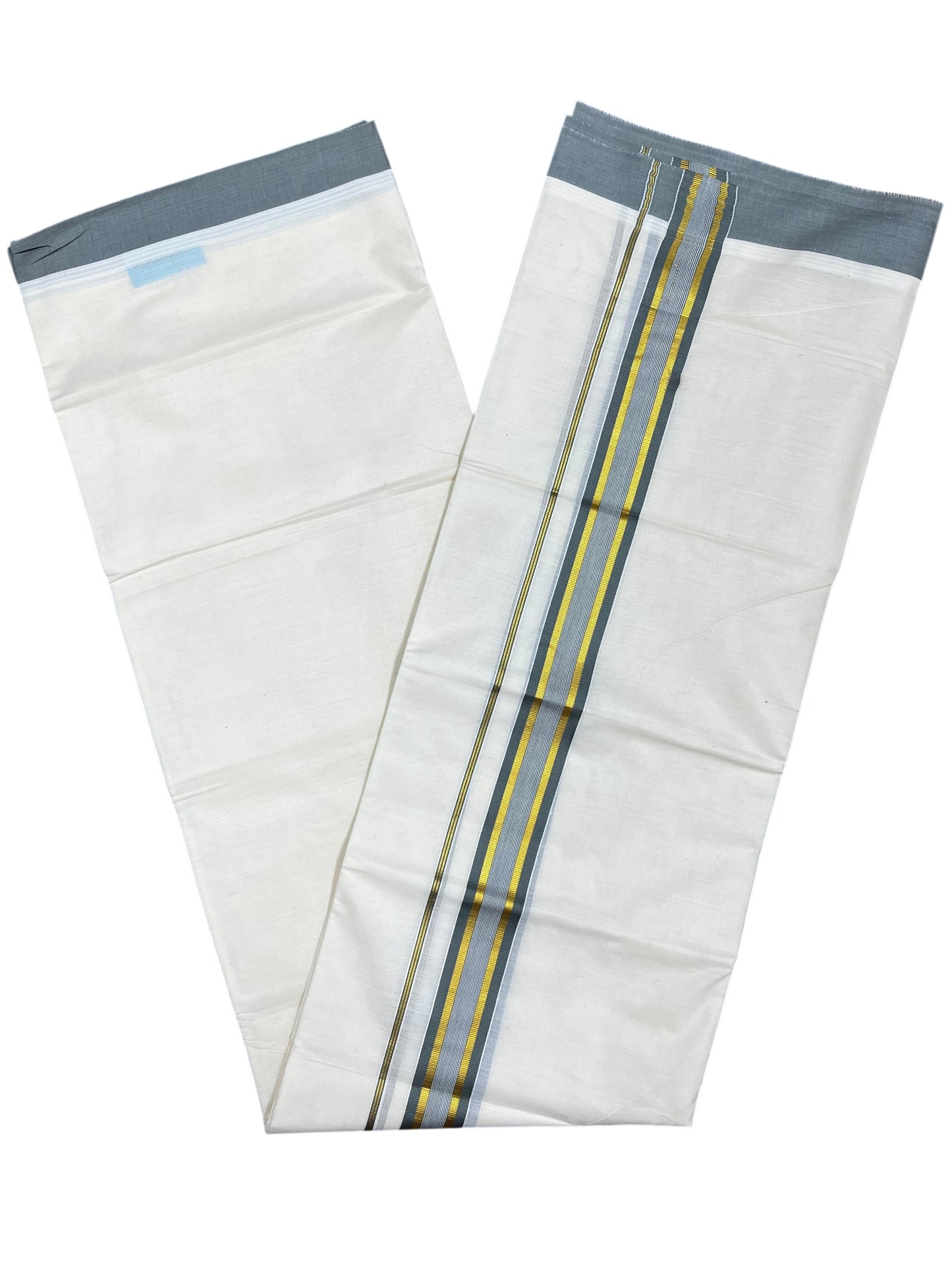 Southloom Pure Cotton Mundu with Gray Border (South Indian Kerala Dhoti)