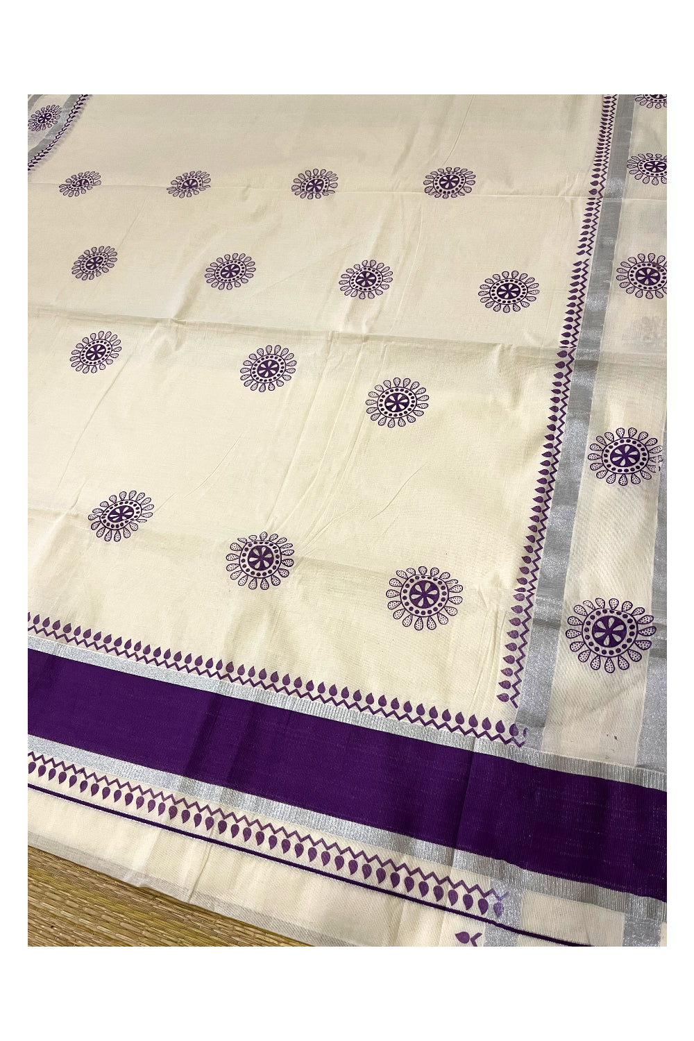 Kerala Pure Cotton Saree with Violet Block Prints and Silver Kasavu Border