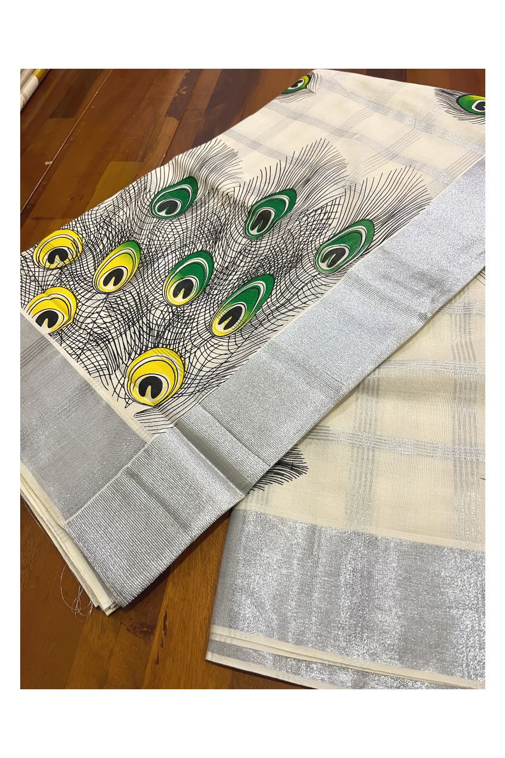 Pure Cotton Kerala Saree with Silver Kasavu Check Designs and Green Feather Block Printed Body (Onam Saree 2023)