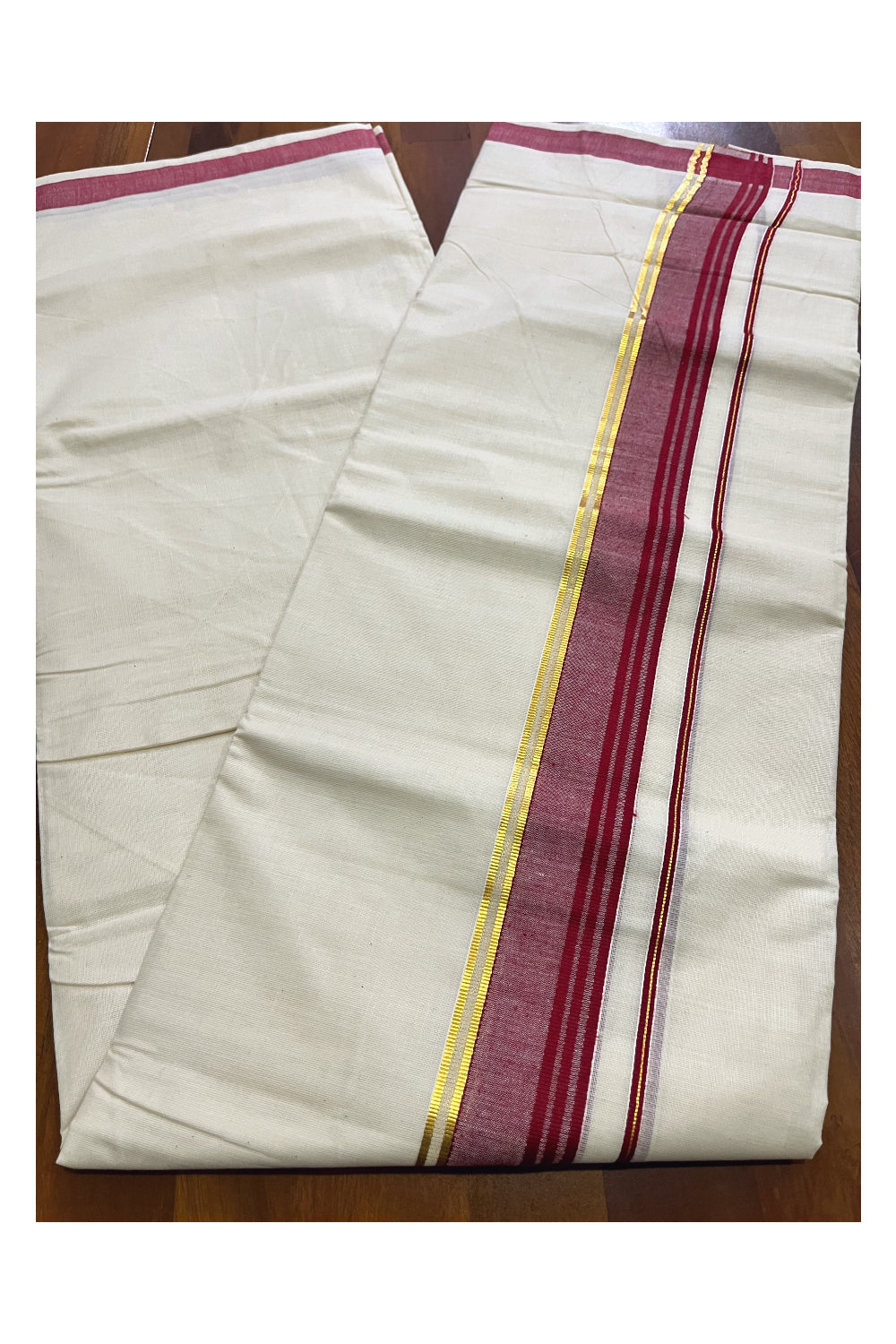 Off White Kerala Cotton Double Mundu with Kasavu and Maroon Border (South Indian Kerala Dhoti)