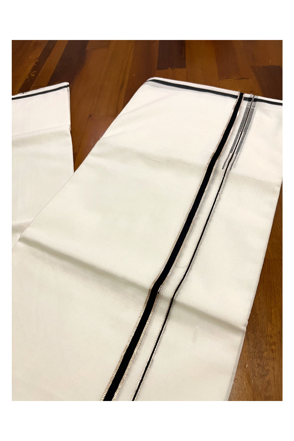 Pure White Cotton Double Mundu with Silver Kasavu and Black Puliyilakkara Chutti Border (South Indian Kerala Dhoti)