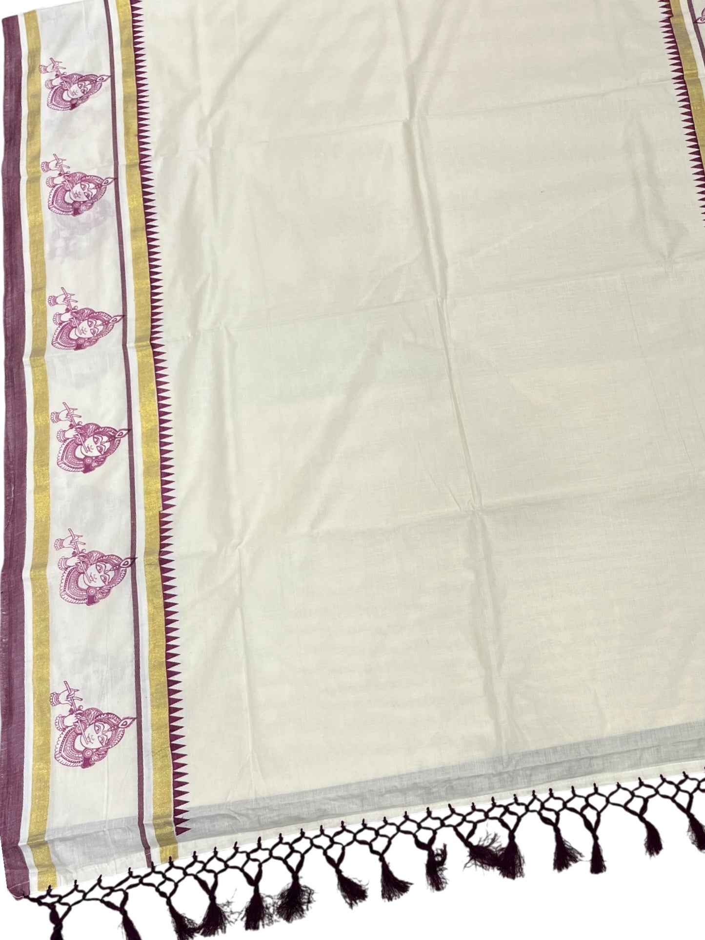 Southloom Cotton Kasavu Saree with Hand Printed Design on Border