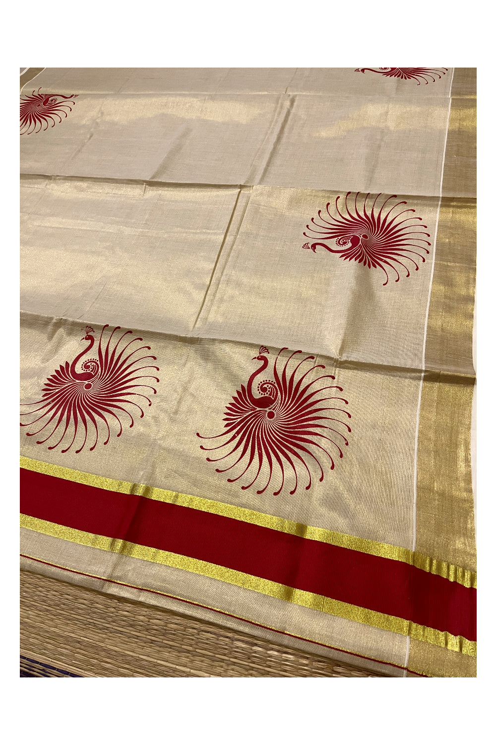 Kerala Tissue Kasavu Saree with Red Block Prints and Kasavu Border