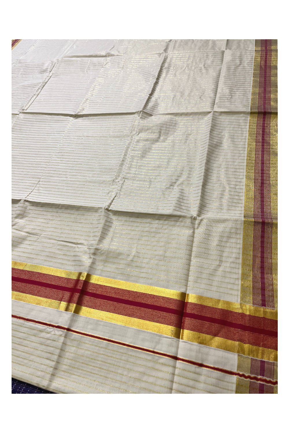 Pure Cotton Kerala Kasavu Lines Design Saree with Maroon Border