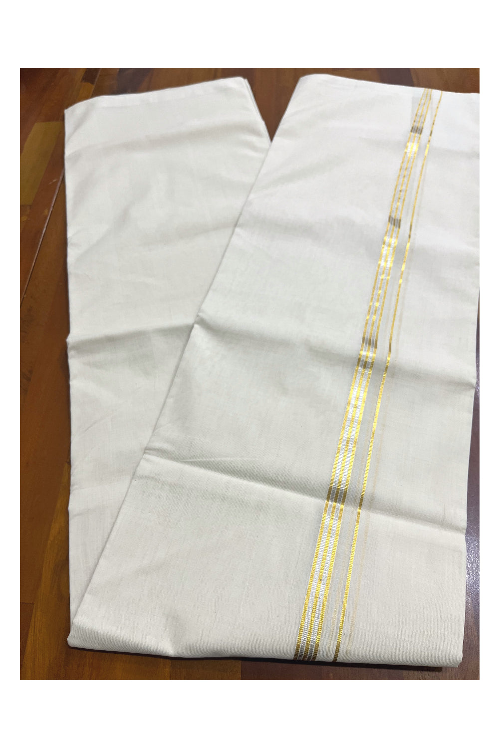 Premium Balaramapuram Handloom Unakkupaavu Cotton Double Mundu with Silver and Golden Kasavu Border (Vishu 2024 Collection)