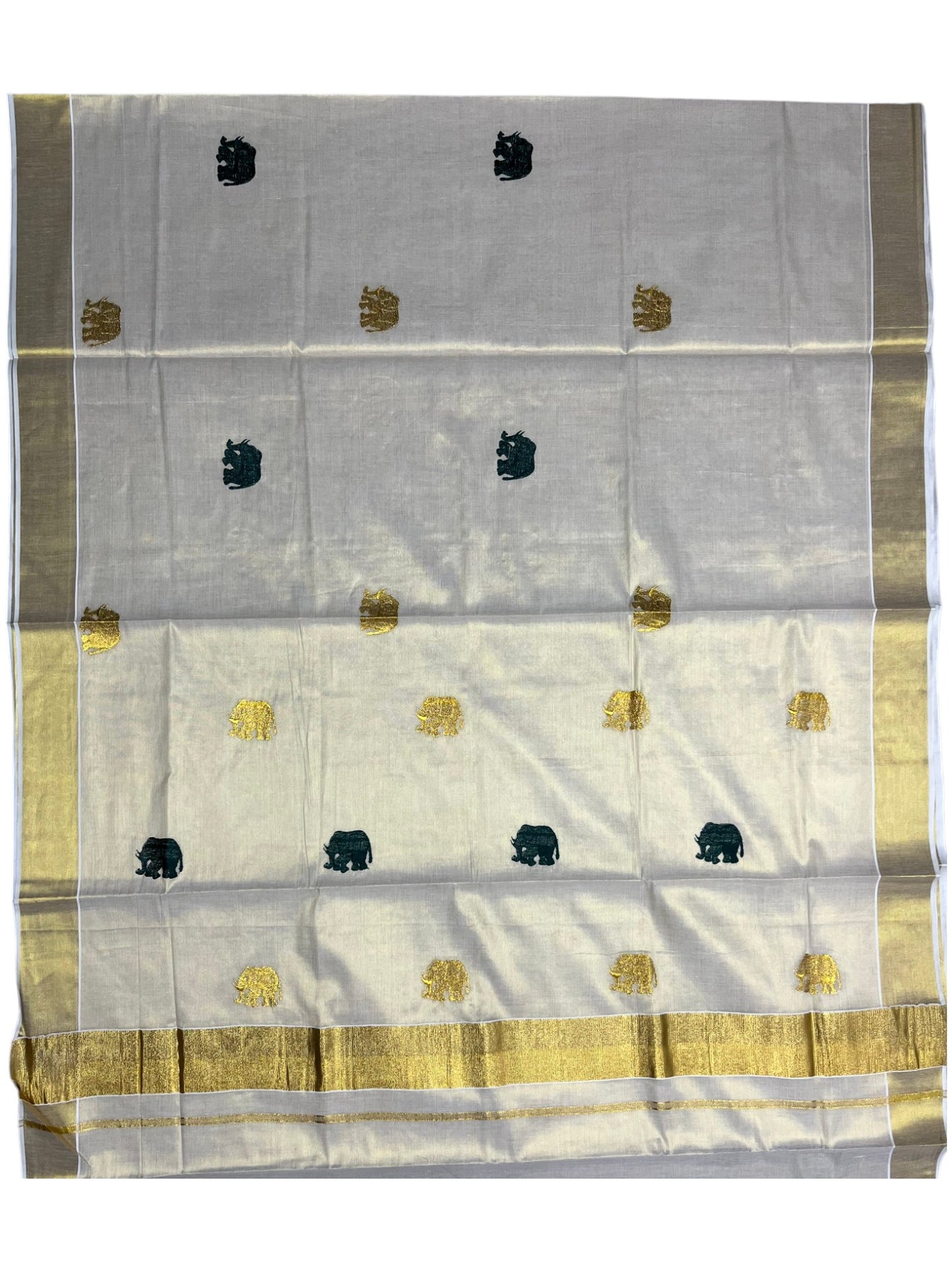 Southloom Kerala Tissue Kasavu Plain Saree with Gold & Green Elephant  Embroidery Work