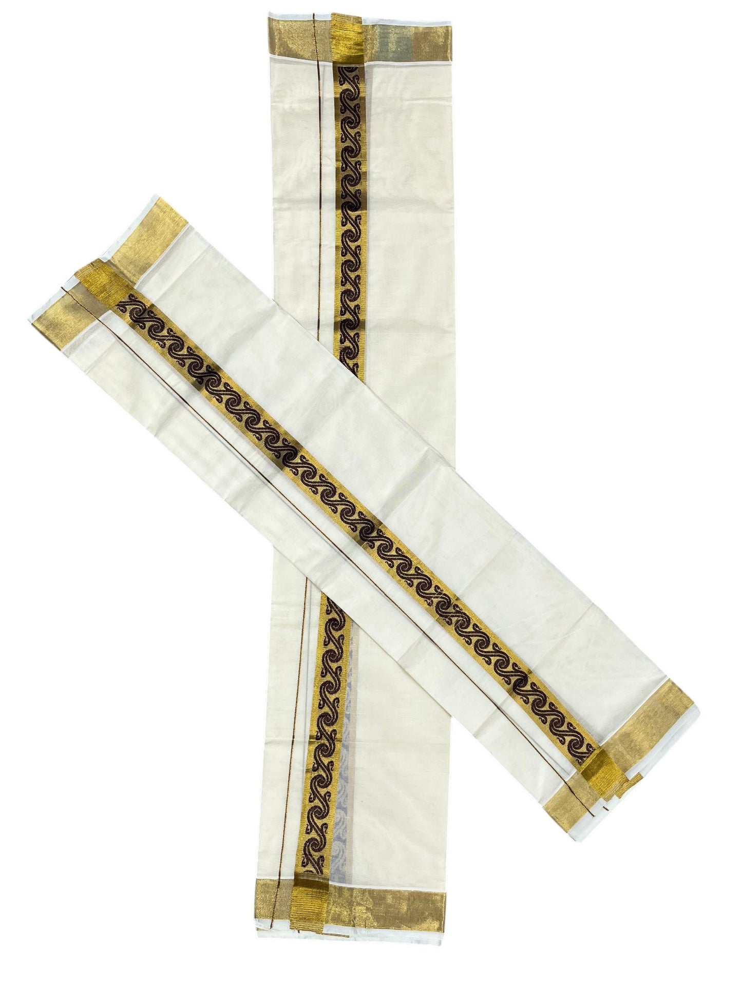Southloom Kerala Pure Cotton Set mundu  (Mundum Neriyathum) with Brown Block Prints on Kasavu Border-2.80Mtrs