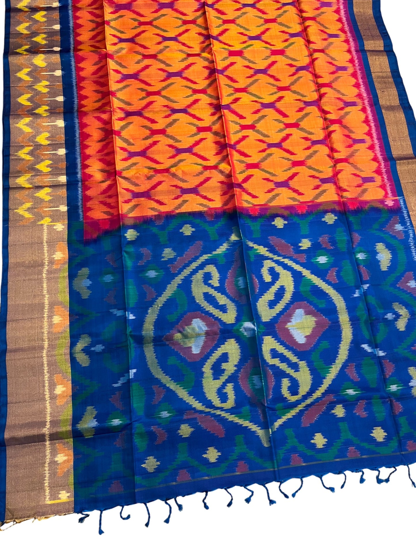 Southloom Pure Handloom Bridal Kanchipuram Silk Saree with Pochampally Work (Orange & Blue)