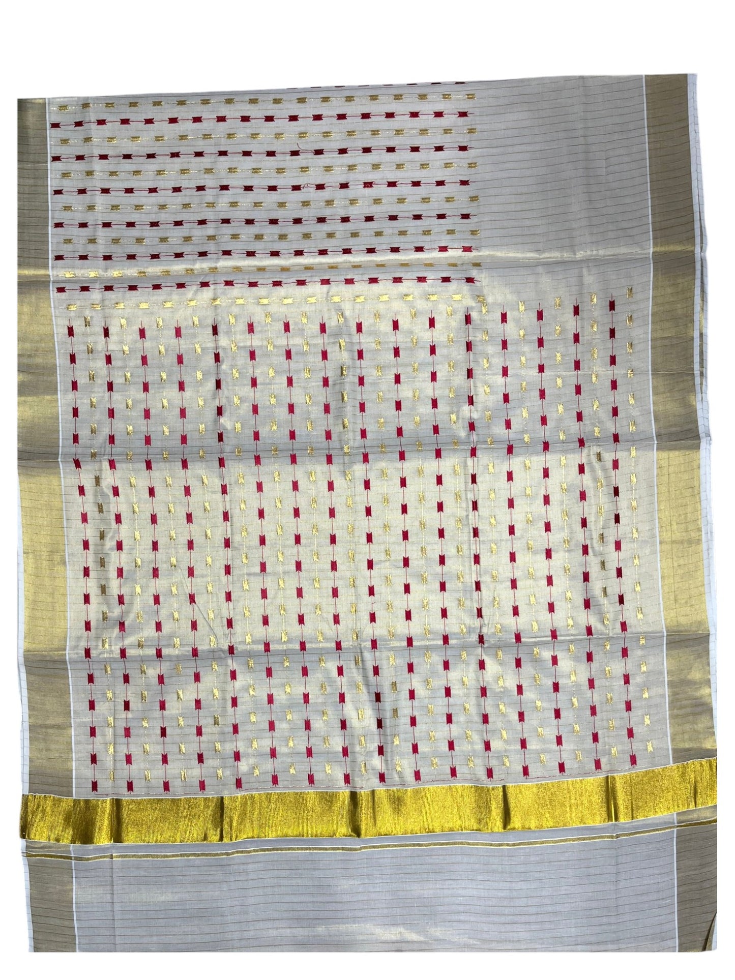 Southloom Tissue Kerala Kasavu Plain Saree with Red &Gold Embroidery Designs on Body