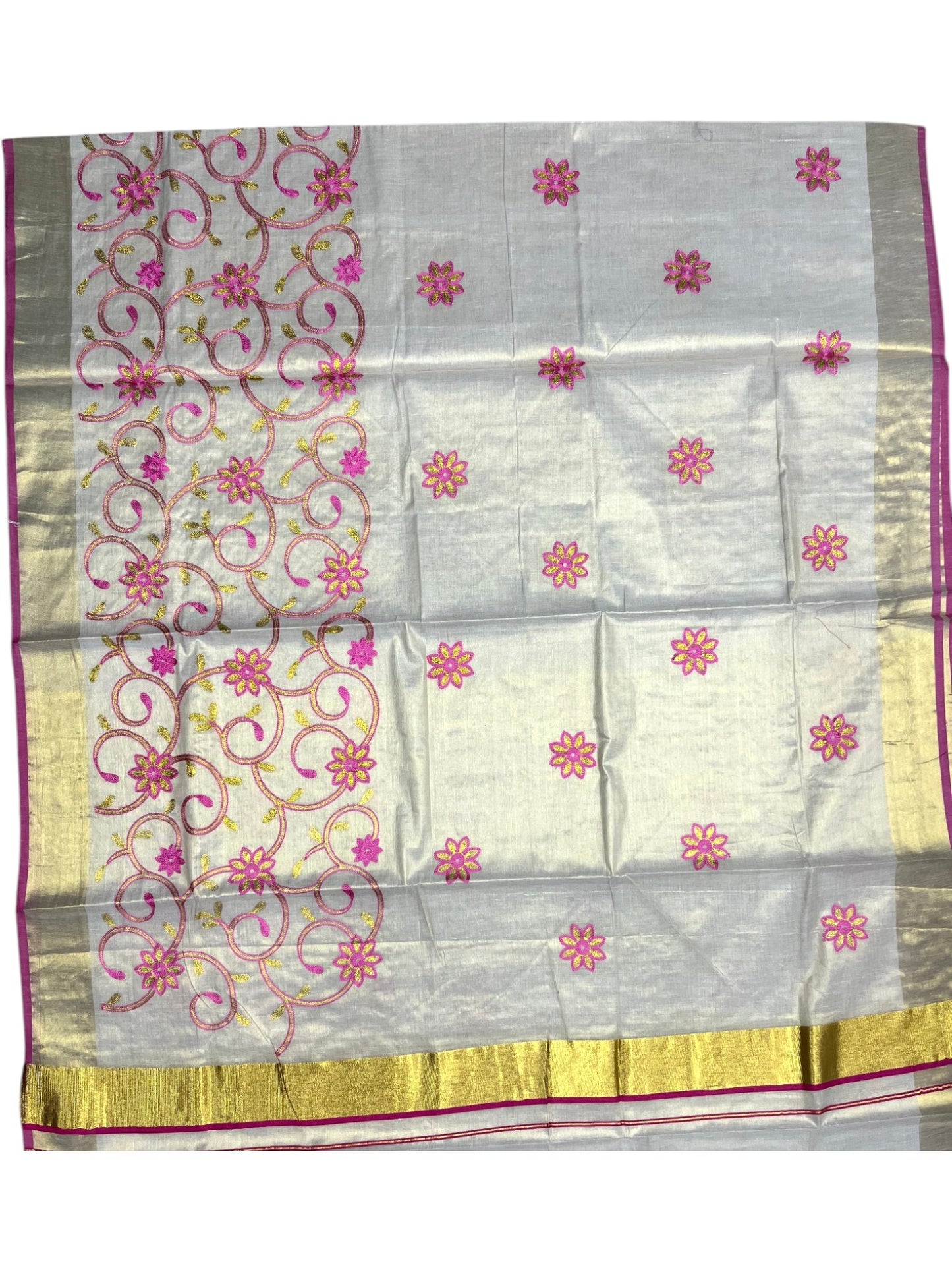Southloom Kerala Tissue Kasavu Saree With Pink and Golden Floral Embroidery Works