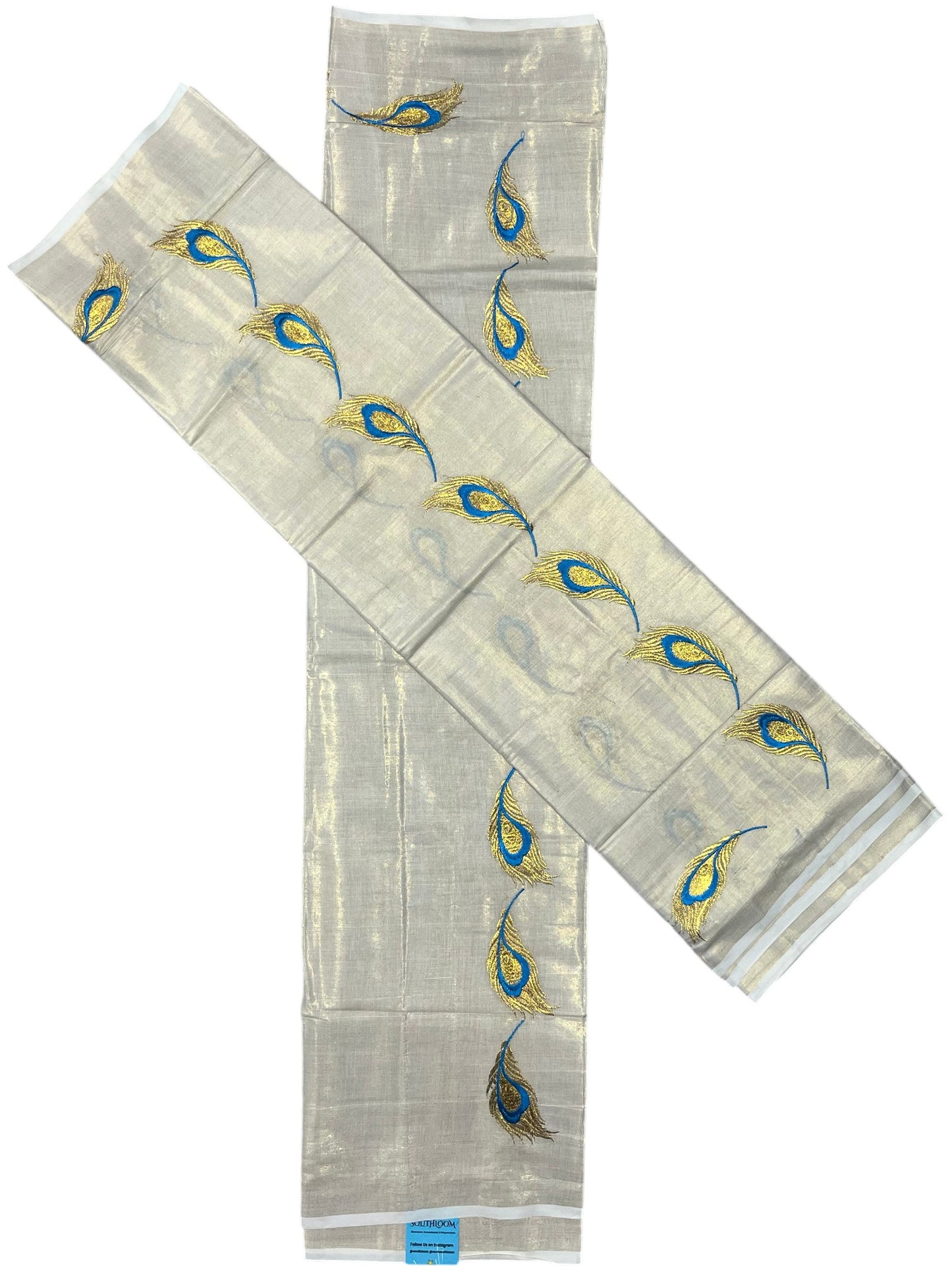 Southloom Kerala Tissue Kasavu Single Set Mundu (Mundum Neriyathum) Blue and Golden Feather Embroidery Work