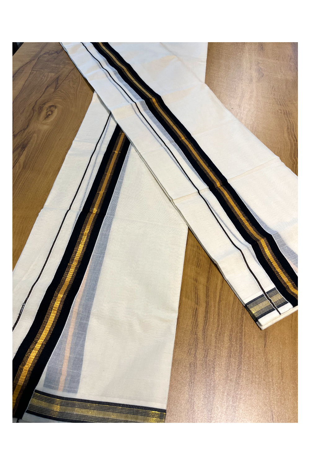 Kerala Cotton Set Mundu (Mundum Neriyathum) with Kasavu and Black Border