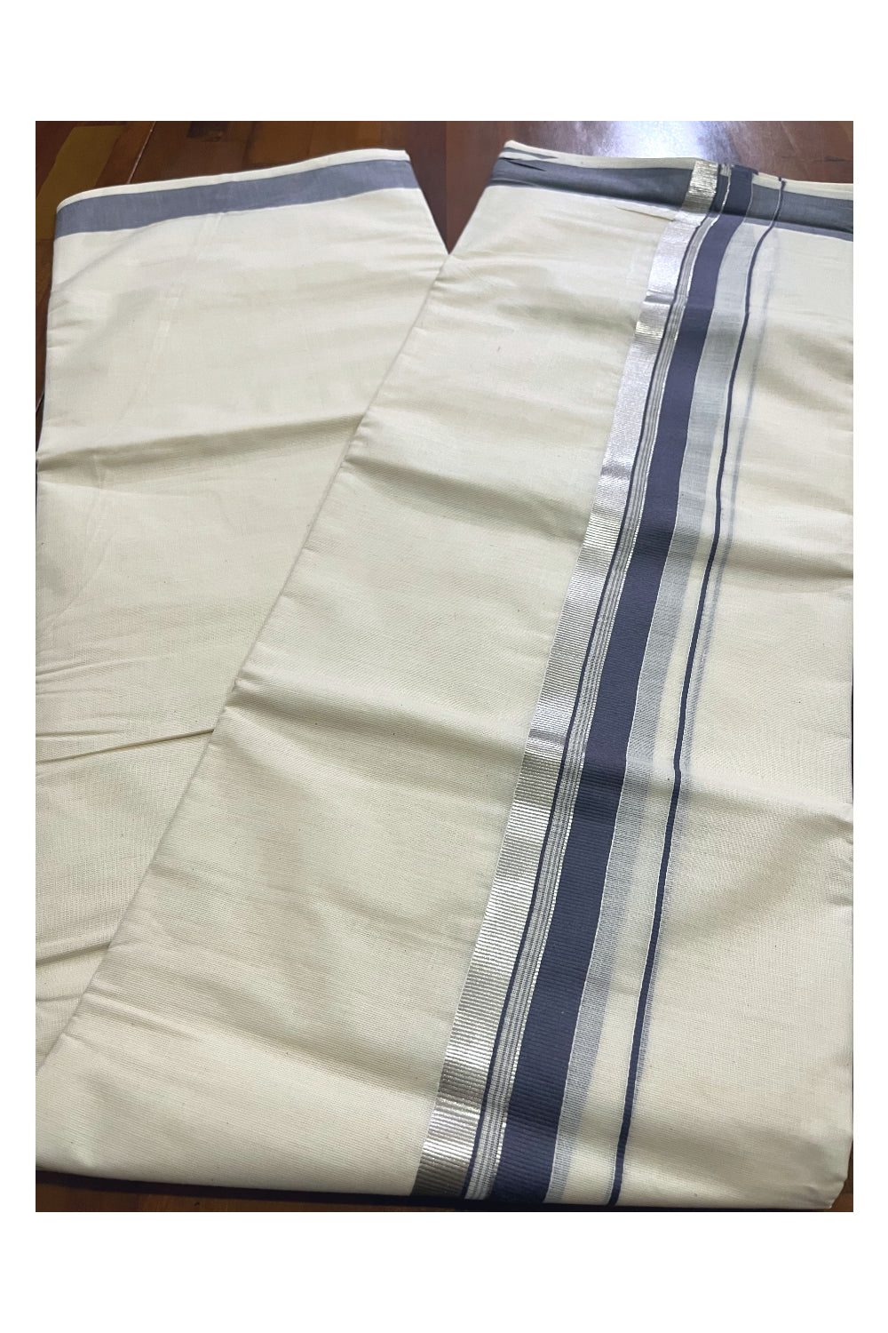 Off White Kerala Cotton Double Mundu with Silver Kasavu and Grey Border (South Indian Kerala Dhoti)