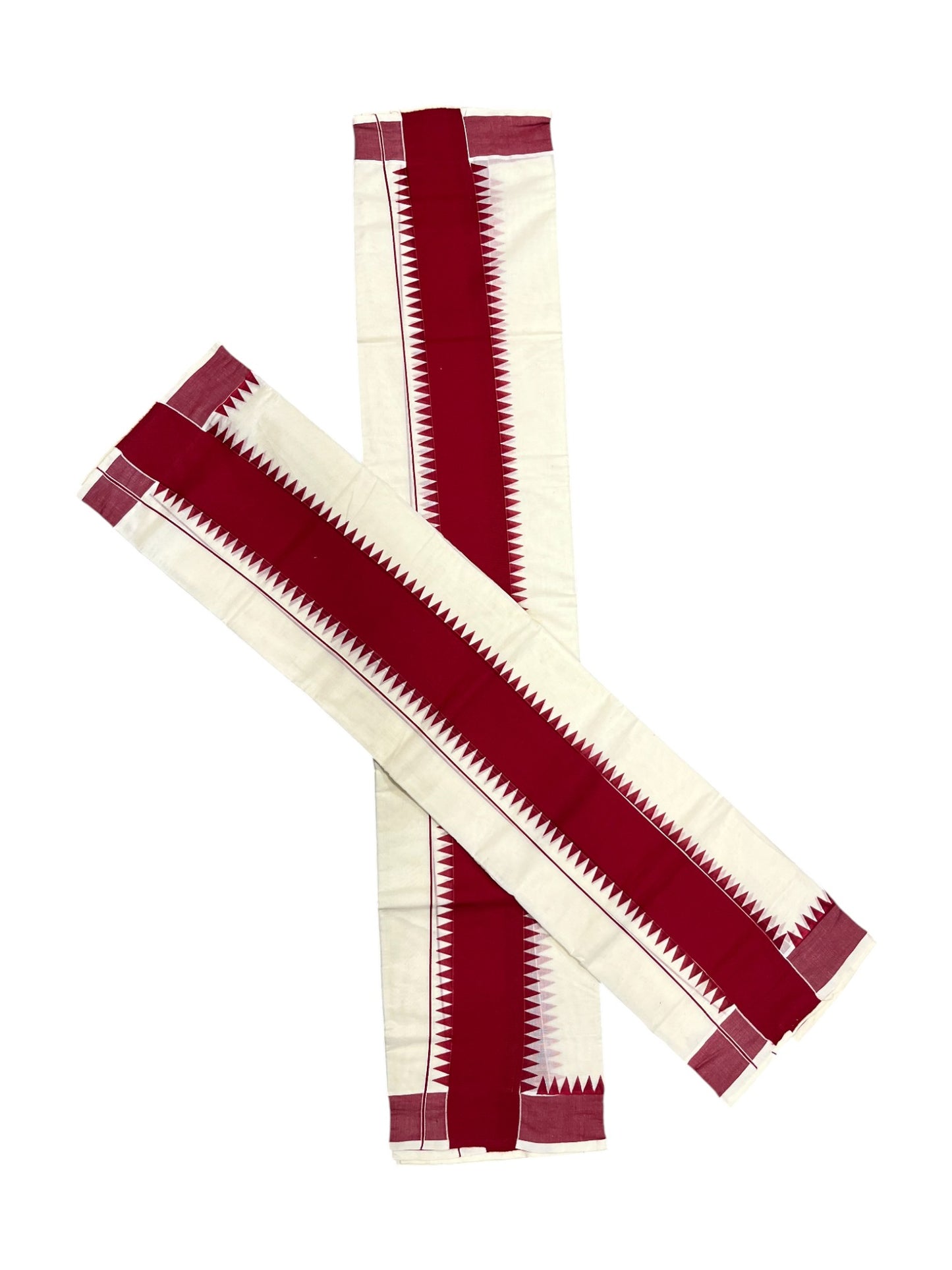 Kerala Pure Cotton Set Mundu Single (Mundum Neriyathum) with Maroon Temple Border 2.80 Mtrs
