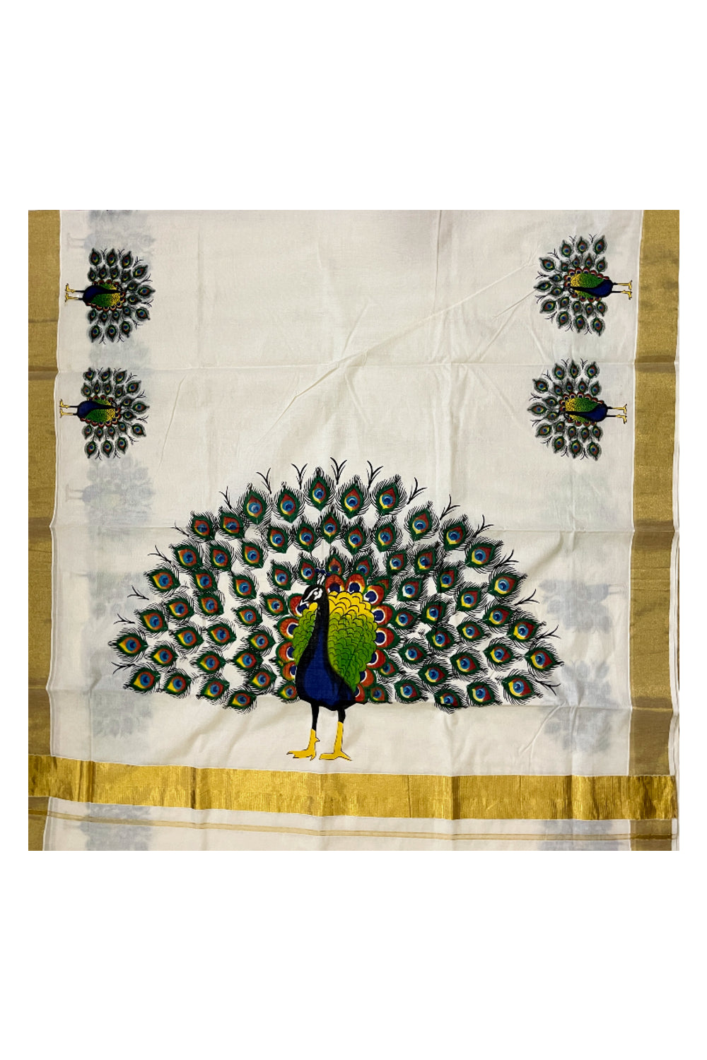 Pure Cotton Kerala Kasavu Saree with Mural Printed Peacock Design