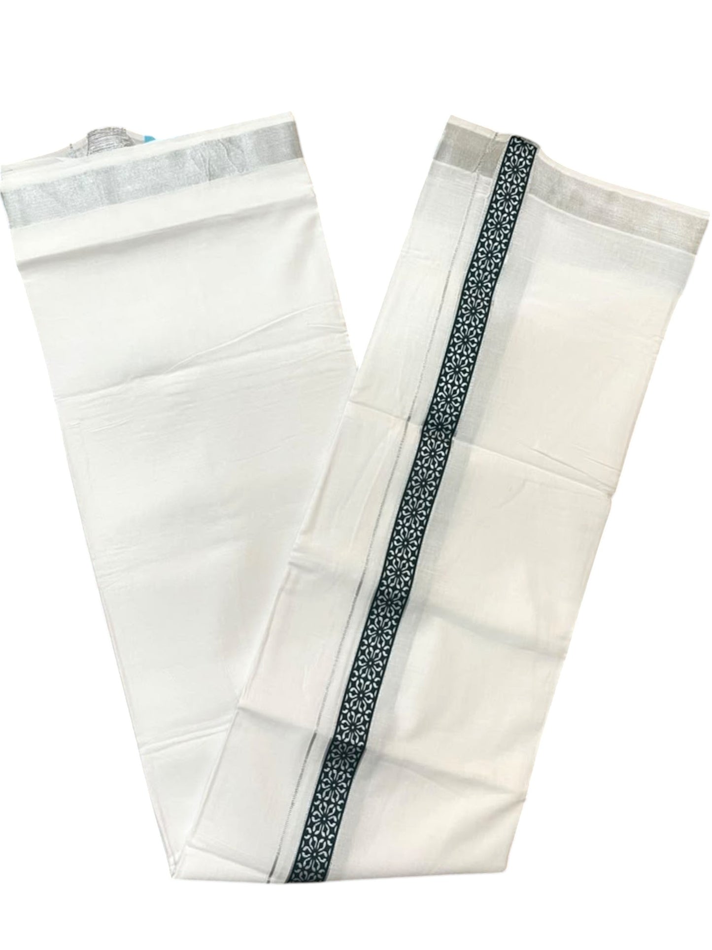 Southloom Pure White Cotton Mundu with Dark Green and Silver Kasavu Border (South Indian Kerala Dhoti)