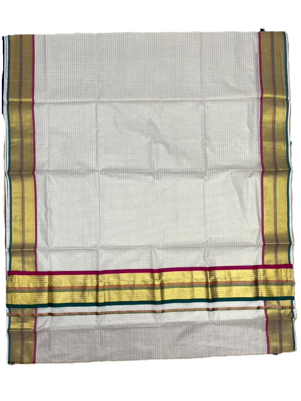 Southloom Kerala Cotton Kasavu Saree with Micro Check Design on Body in Magenta  & Peacock Green Border SL453