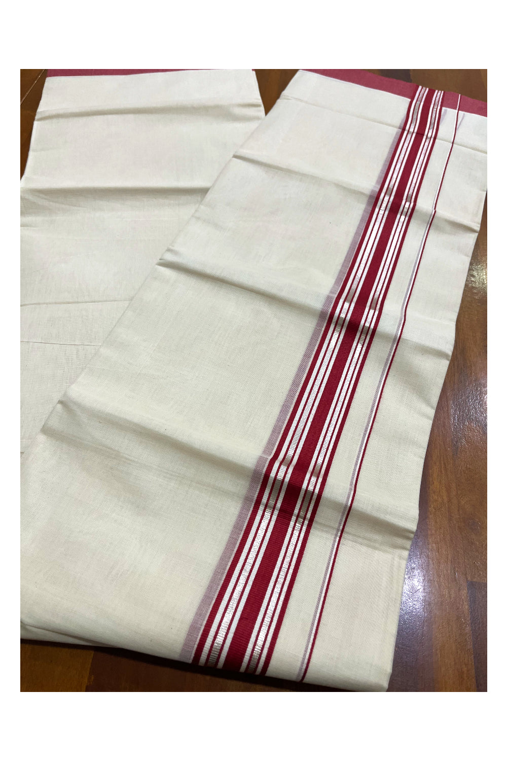 Kerala Pure Cotton Double Mundu with Silver Kasavu and Maroon Border (South Indian Kerala Dhoti)