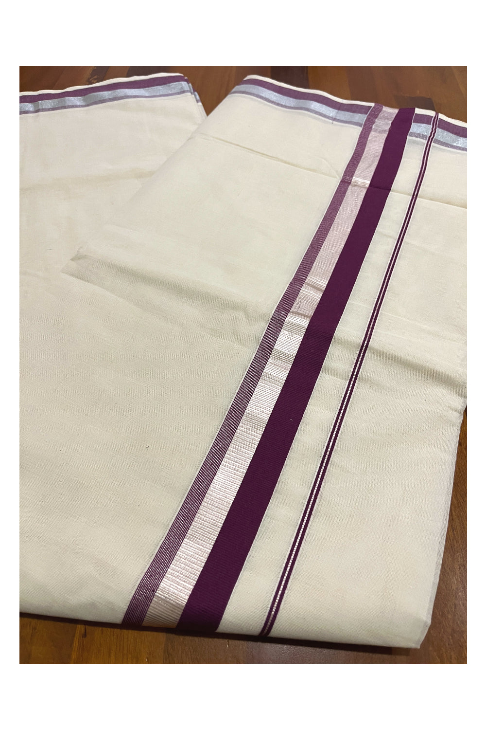 Kerala Pure Cotton Plain Saree with Silver Kasavu and Purple Border