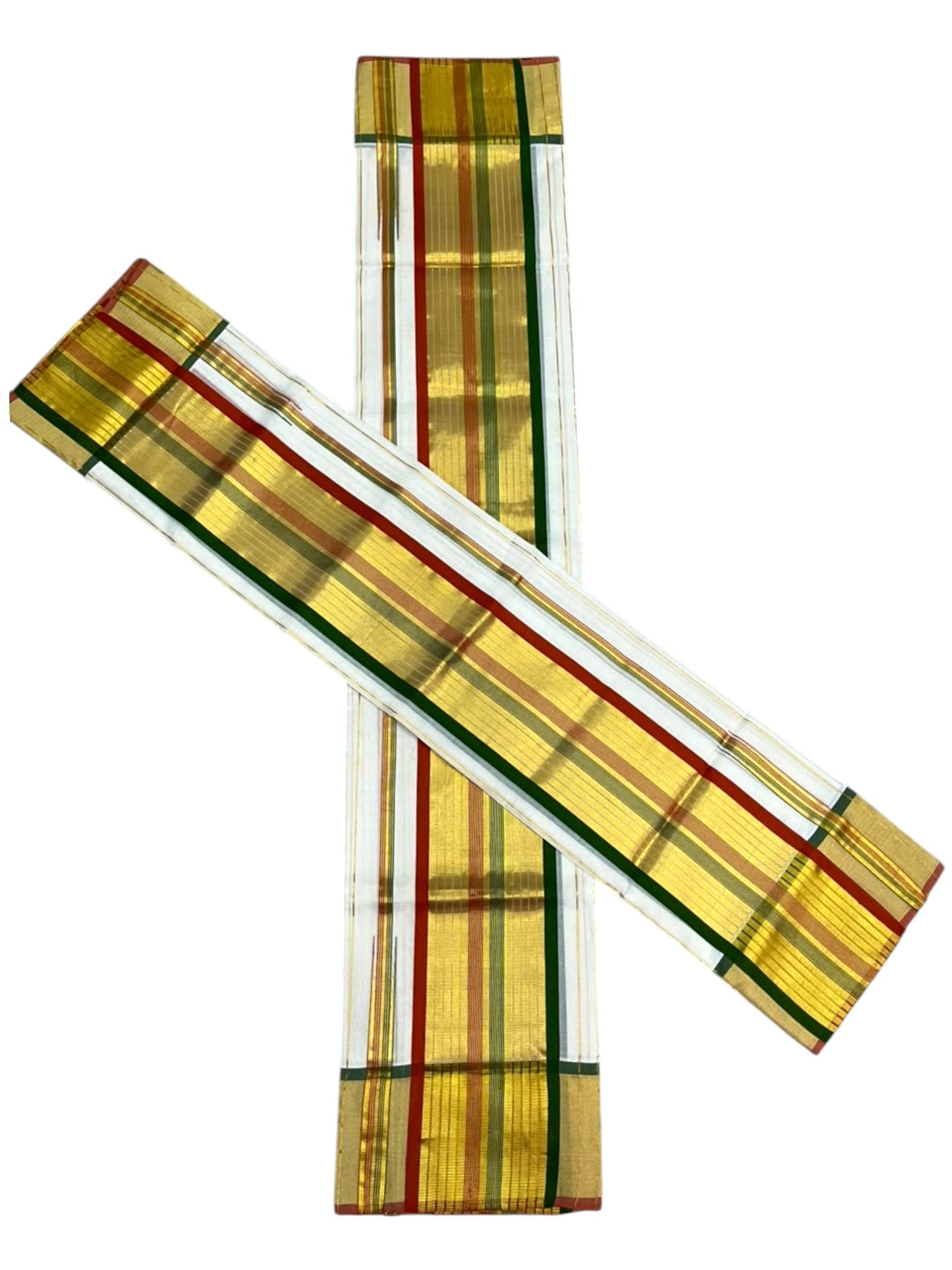 Southloom Premium Handloom Stripes Set Mundu with Maroon & Green Border and Kasavu Lines Across Body 2.80 Mtrs SL632