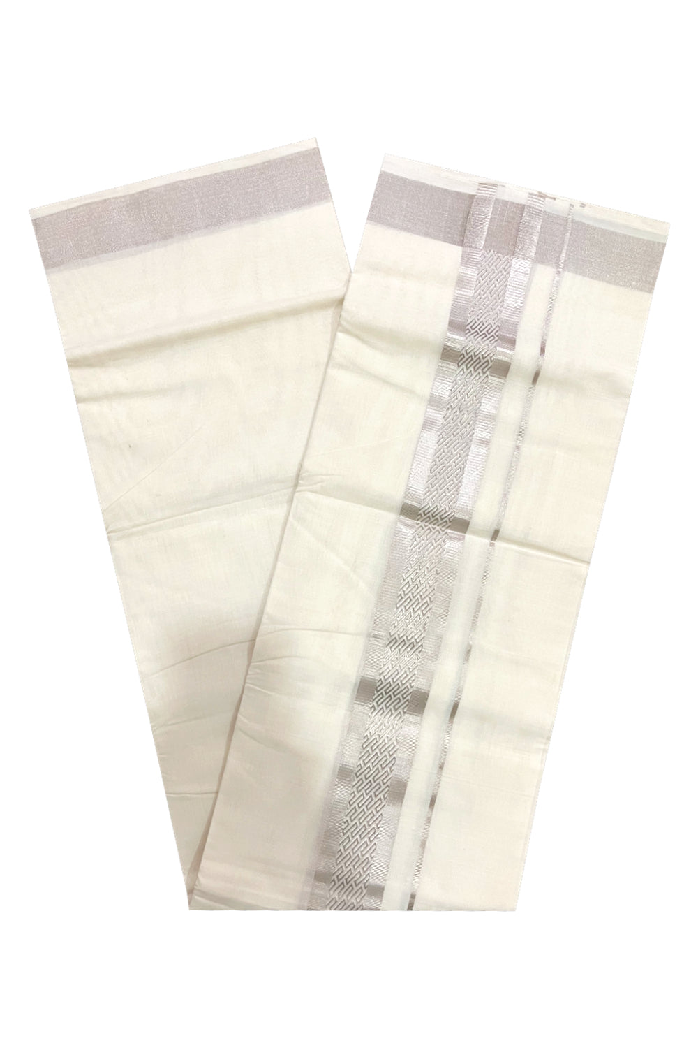 Southloom Premium Handloom Pure Cotton Mundu with Silver Kasavu Woven Border (Onam Mundu 2023)