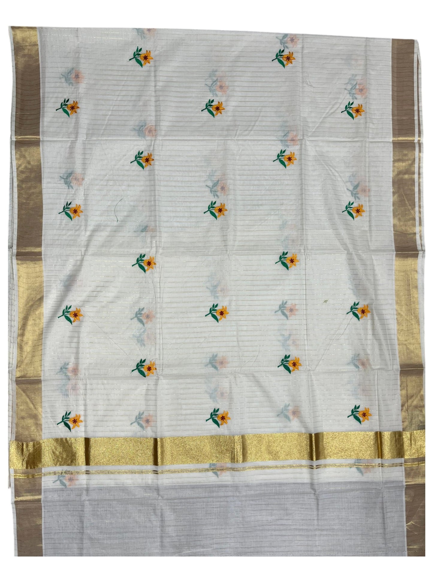 Southloom Kerala Cotton Kasavu Lines Saree with Floral Embroidery Work on Body