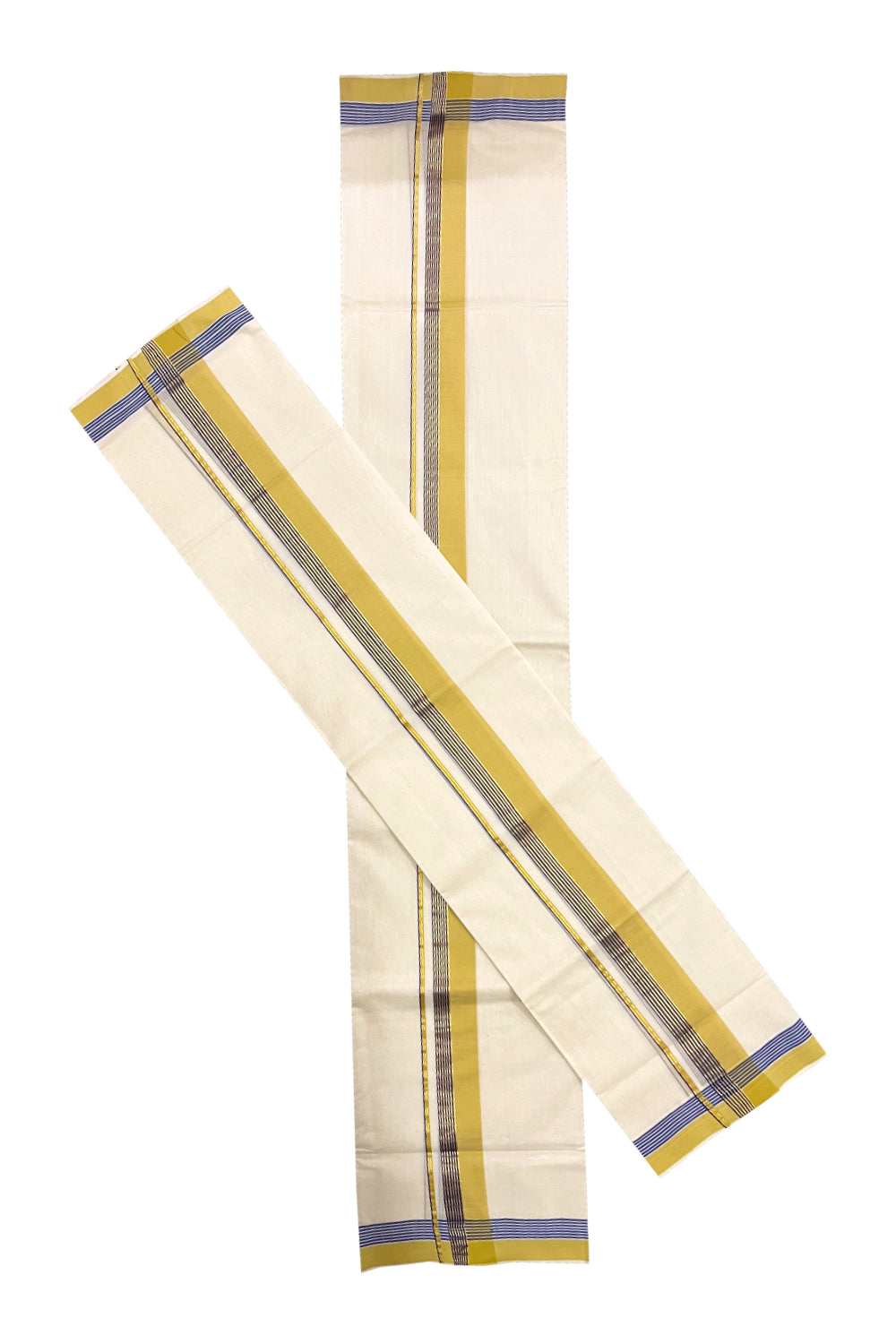 Southloom Premium Handloom Single Set Mundu (Mundum Neriyathum) with Yellow Blue and Kasavu Border 2.70 Mtrs