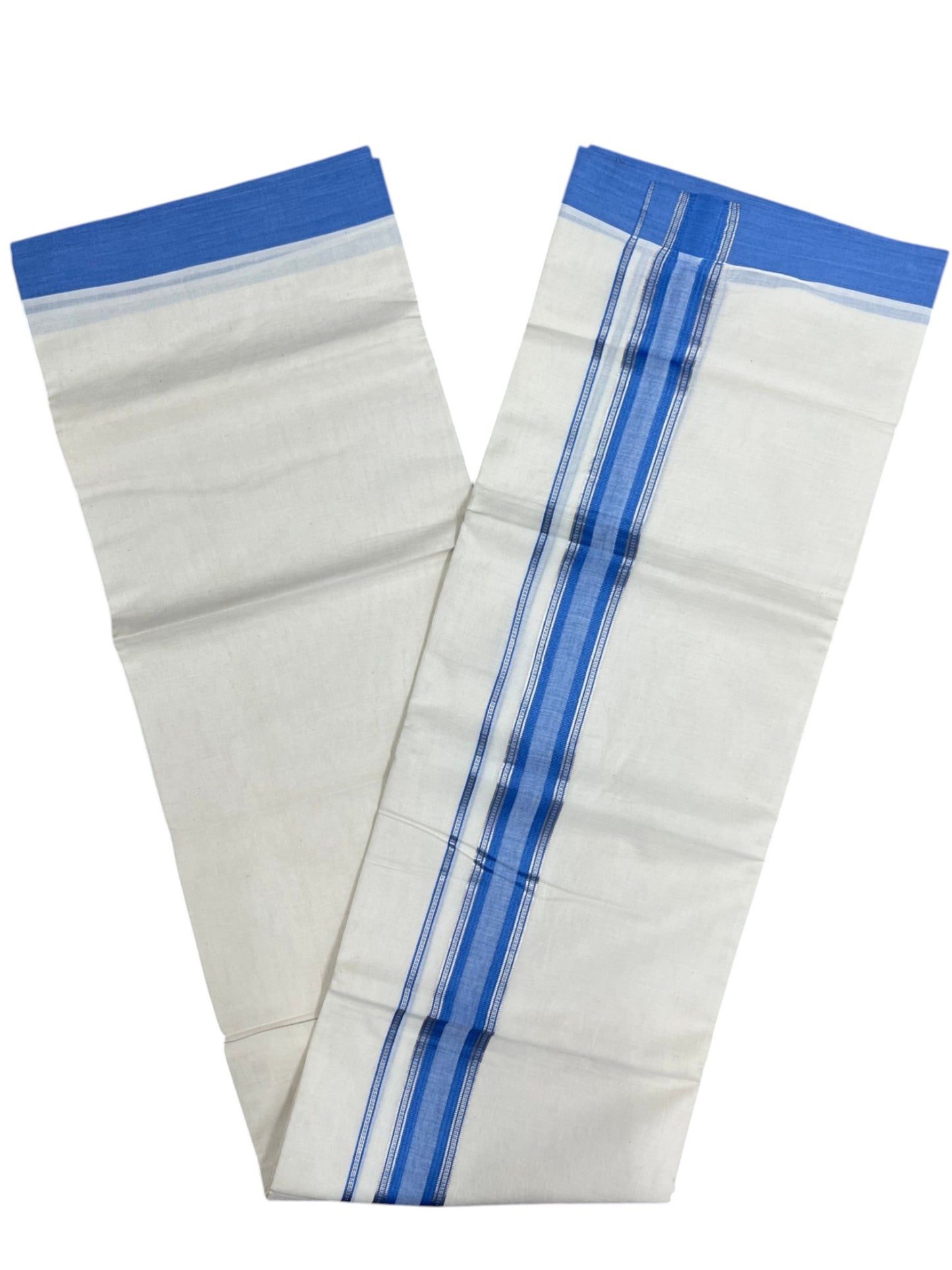 Southloom Kerala Pure Cotton Double Mundu with Silver Lines and Blue Border with (South Indian Dhoti)