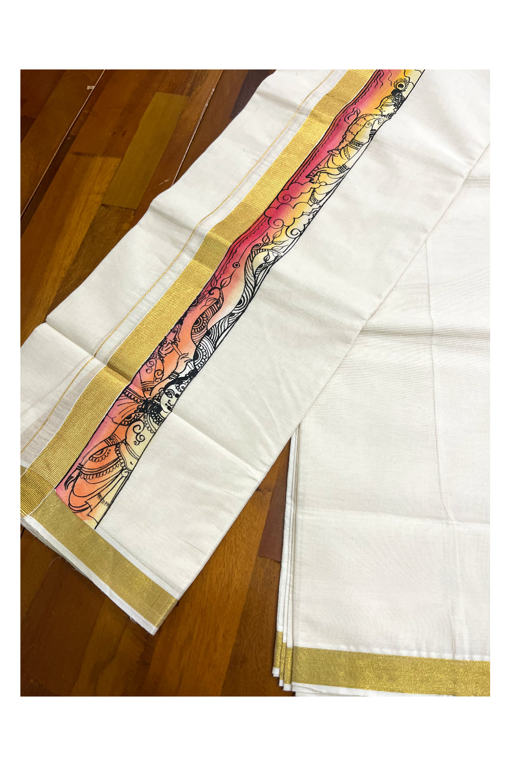 Kerala Pure Cotton Double Mundu with Mural Hand Painted Design on Kasavu Border (South Indian Kerala Dhoti)