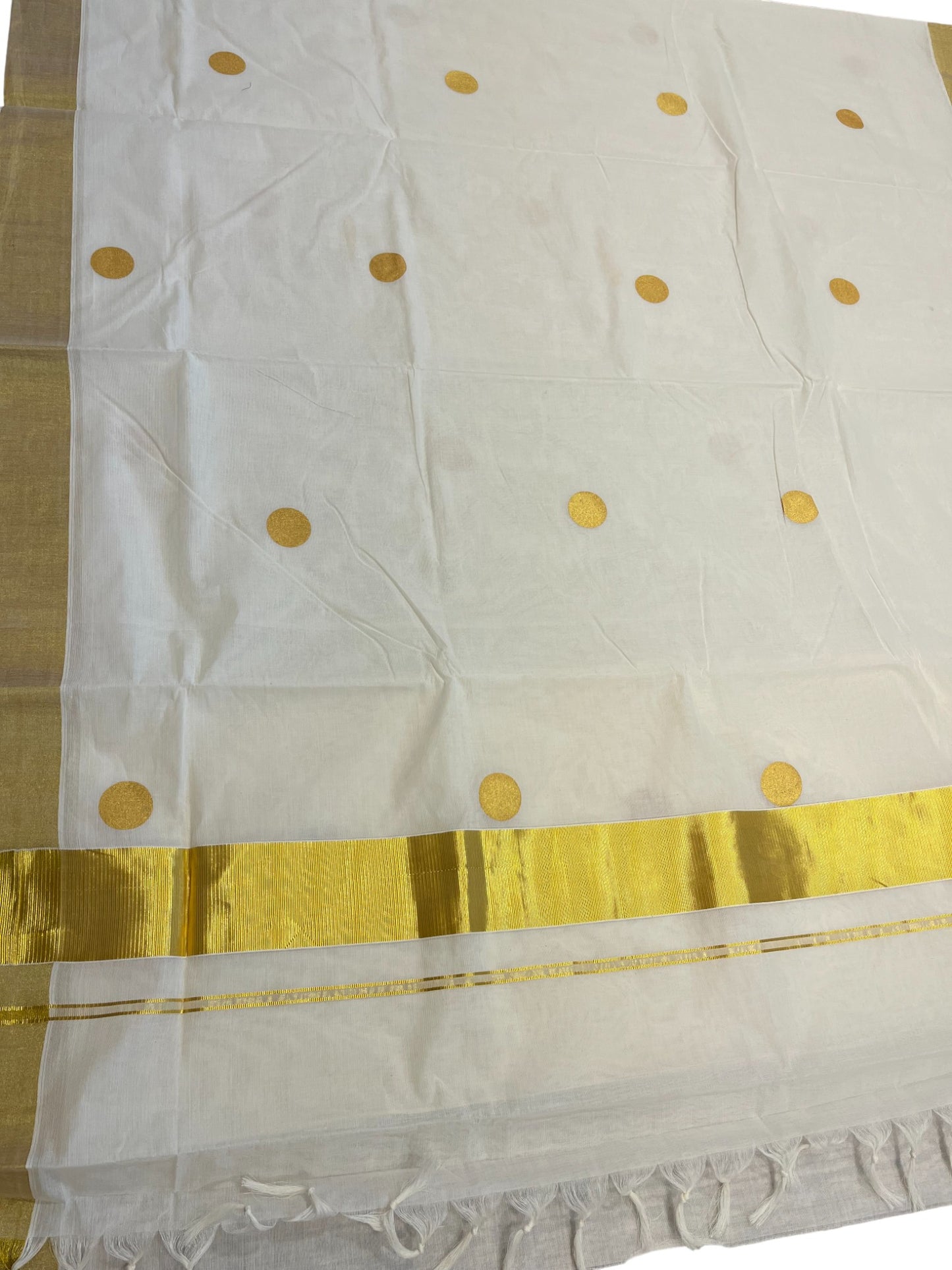 Southloom Kerala Cotton Kasavu Saree with Polka Dots Across Body