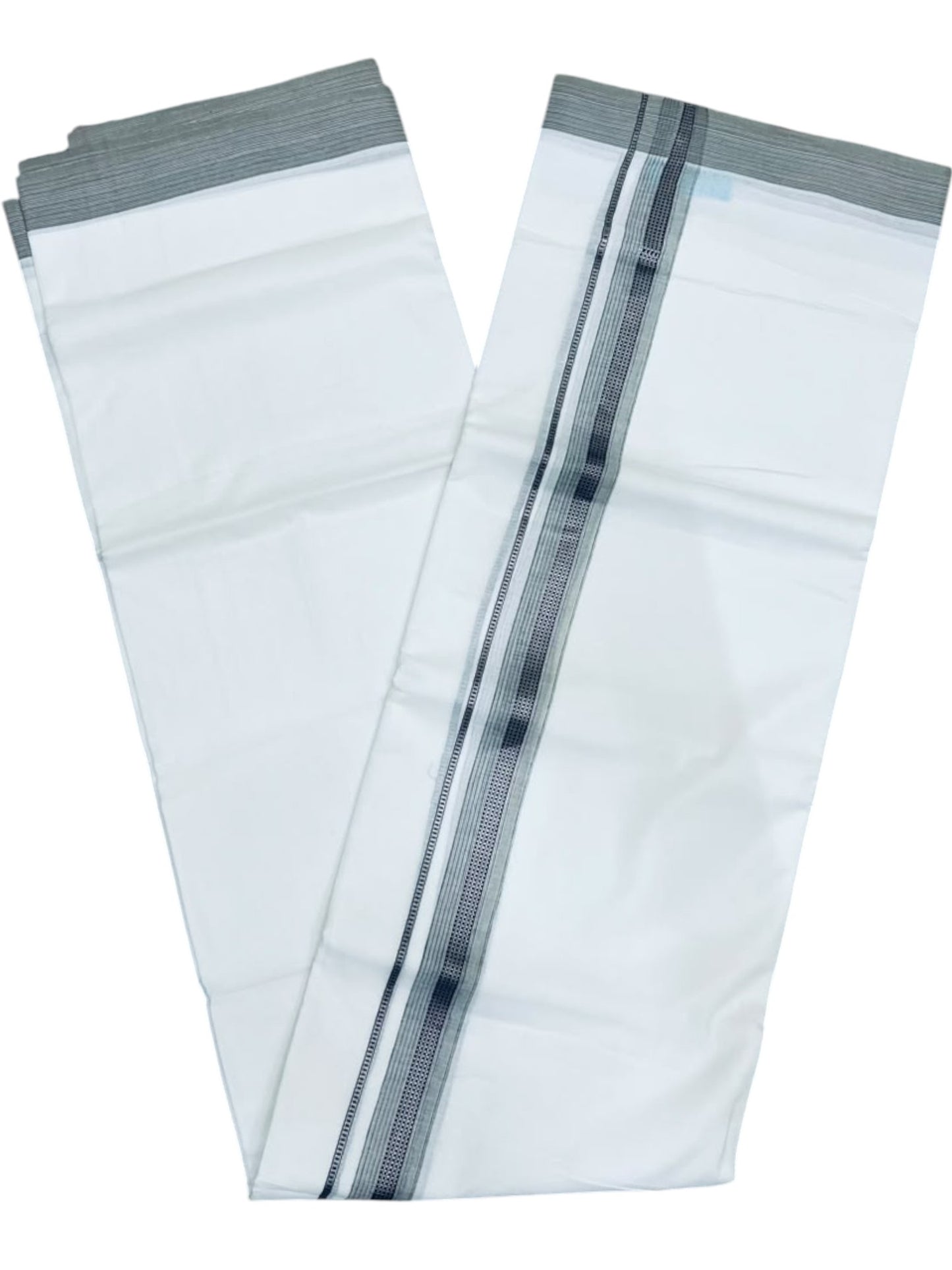 Southloom White Cotton Mundu with Grey & Silver Line Border (South Indian Kerala Dhoti)