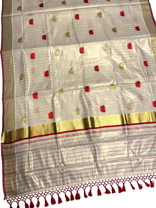 Southloom Kerala Tissue Kasavu Line Saree with Red Lotus Embroidery Works