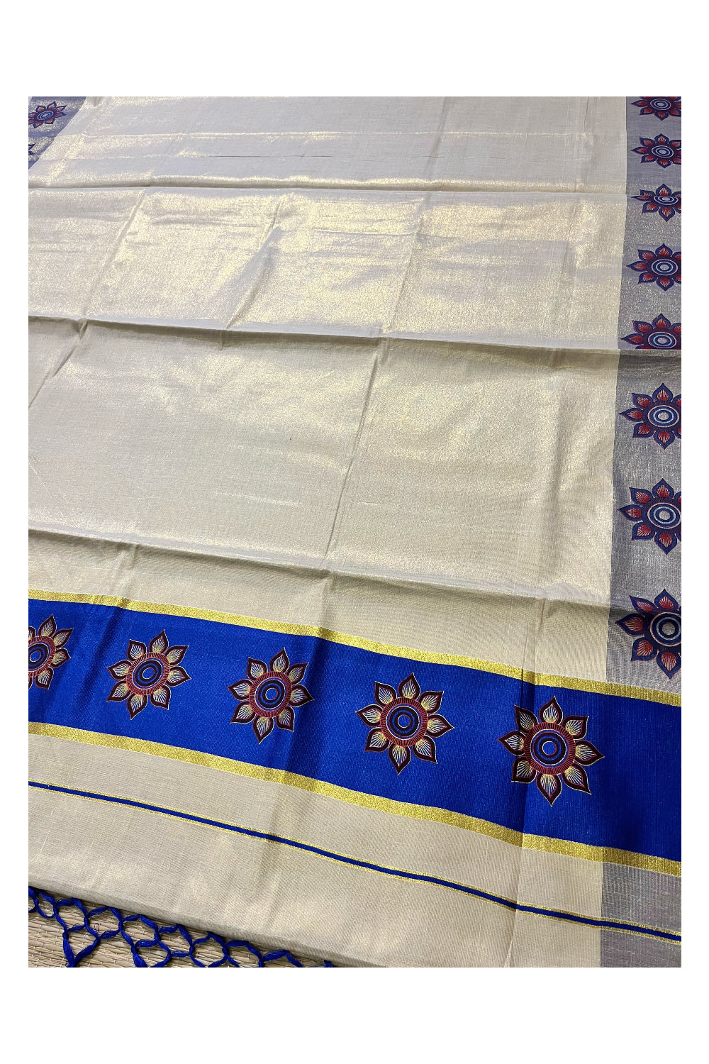 Kerala Tissue Kasavu Saree with Floral Block Prints in Blue Border (Onam 2024 Collection)