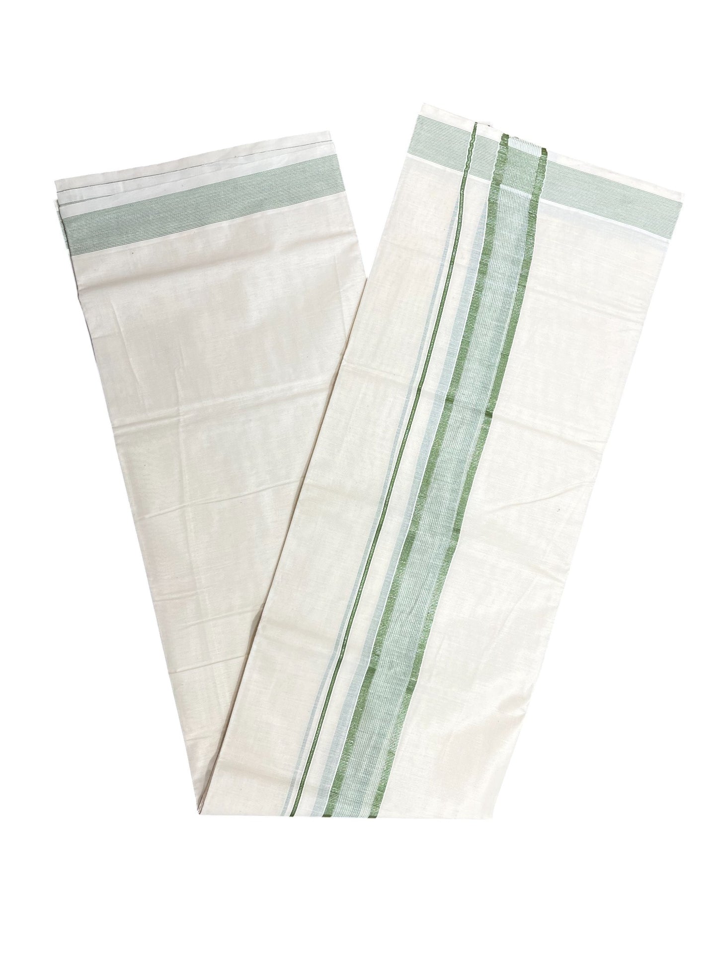 Southloom Kerala Pure Cotton Double Mundu with Silver Lines & Green Border (South Indian Dhoti)