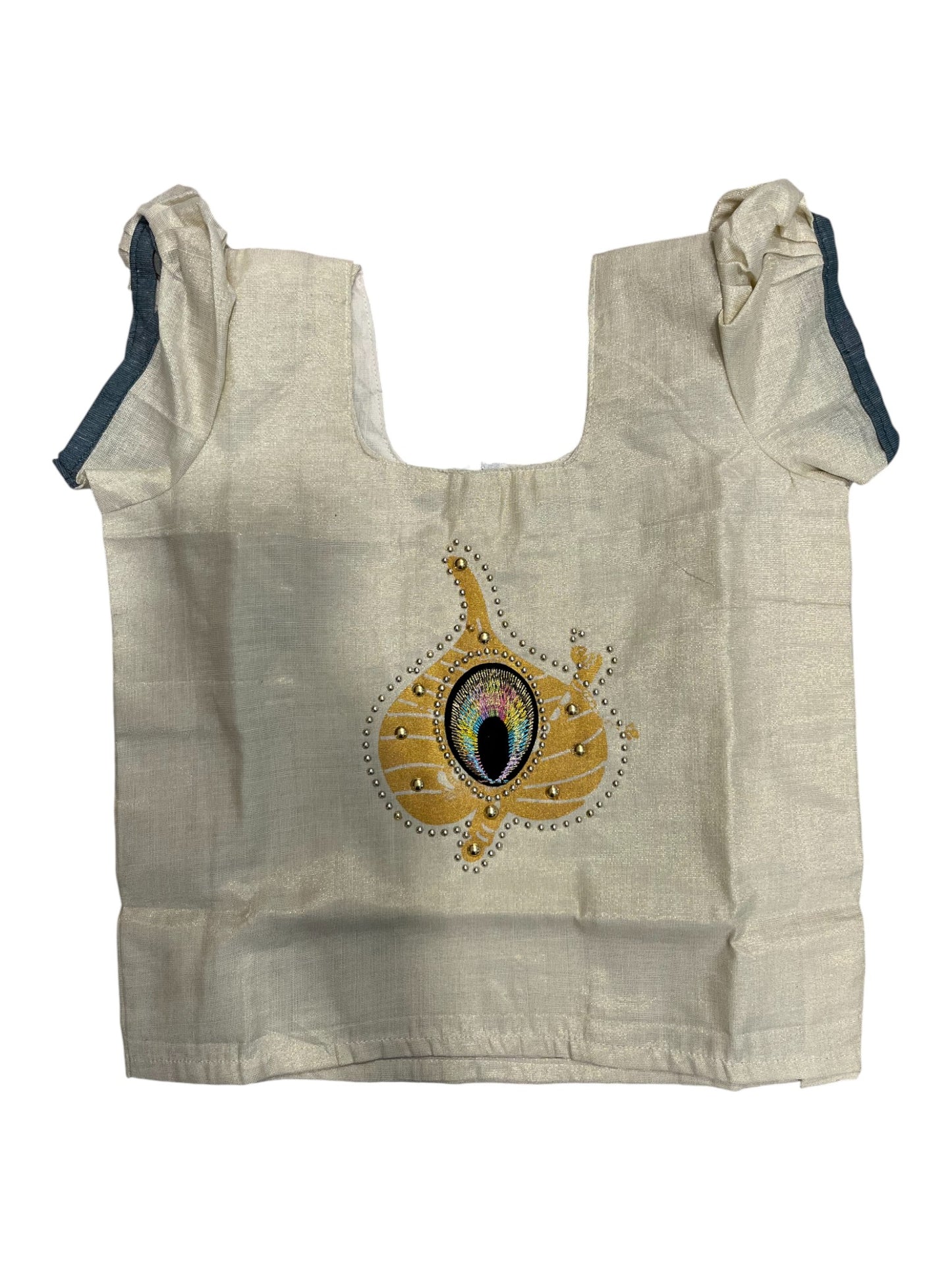 Southloom Kerala Tissue Kasavu Pavada Blouse with Embroidery Work for Kids