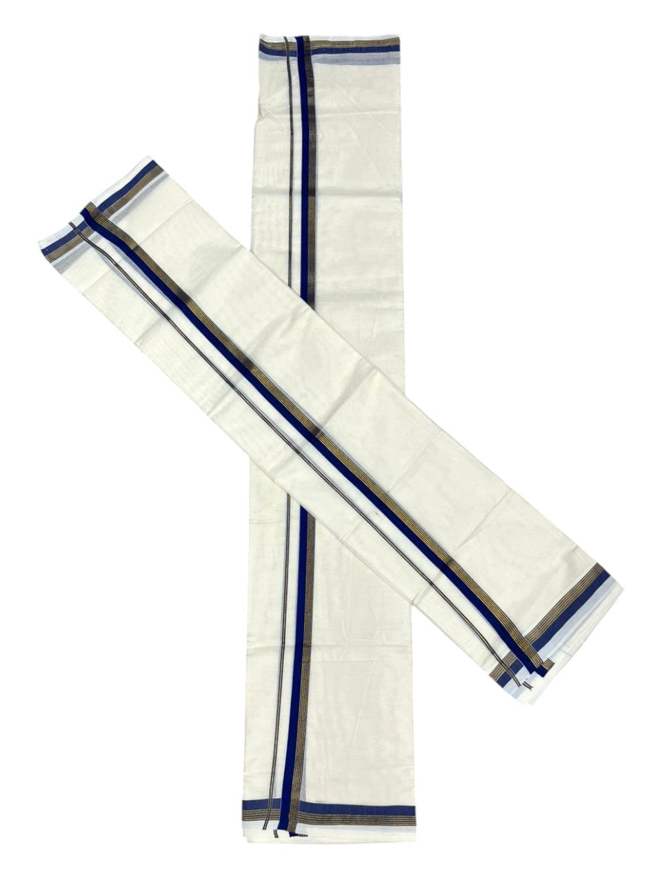 Pure Cotton Kerala Single Set Mundu (Mundum Neriyathum) with Blue Kasavu Border in 2.80 Mtrs