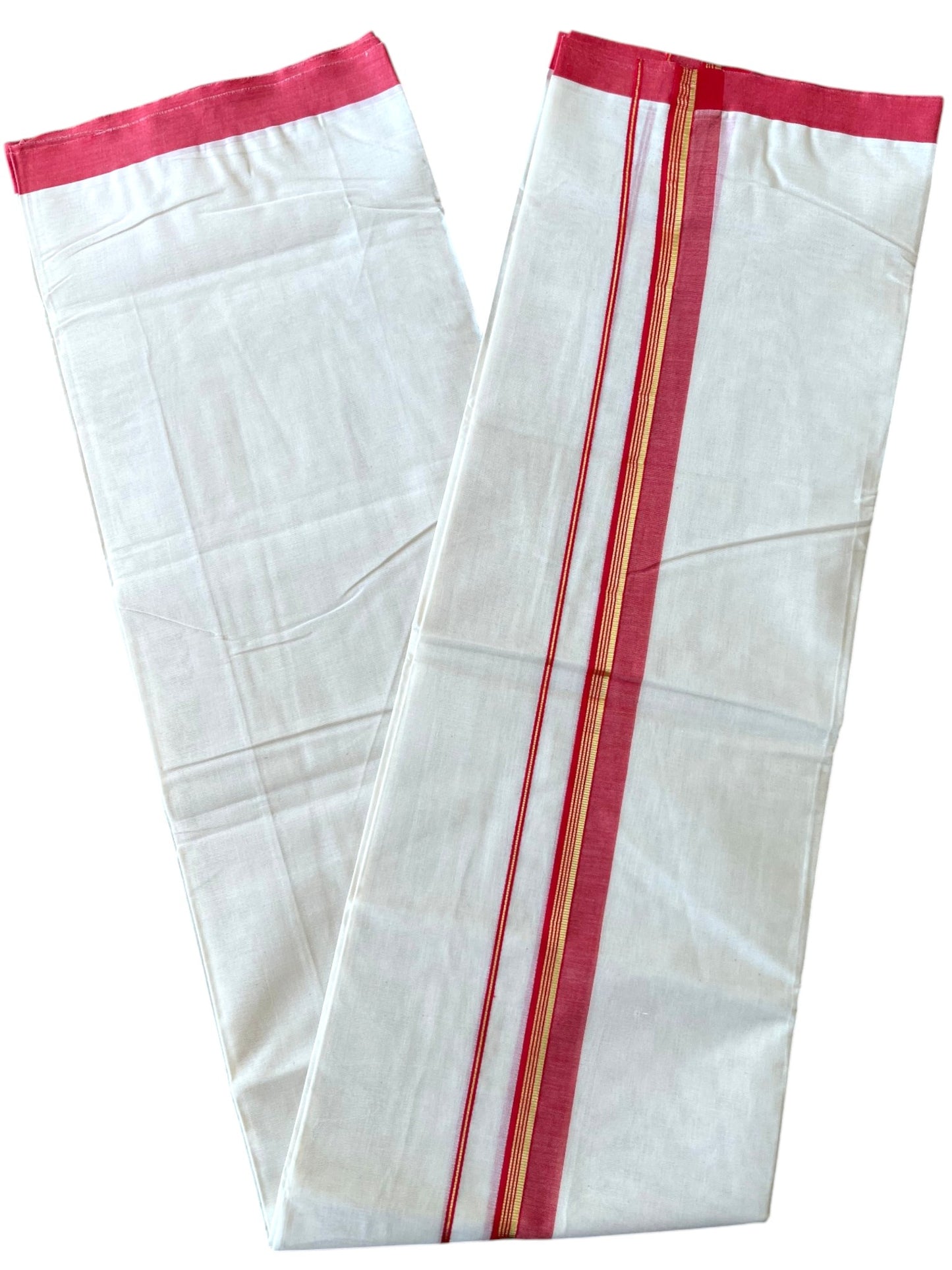 Southloom Pure Cotton Mundu with Golden Lines and Red Border (South Indian Kerala Dhoti)