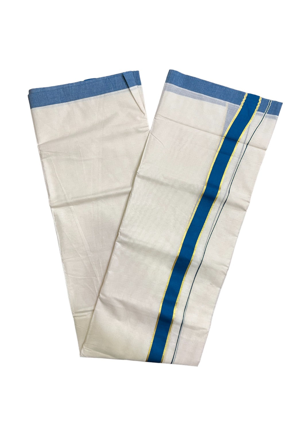 Kerala Pure Cotton Double Mundu with Teal Blue and Kasavu Border (South Indian Kerala Dhoti)