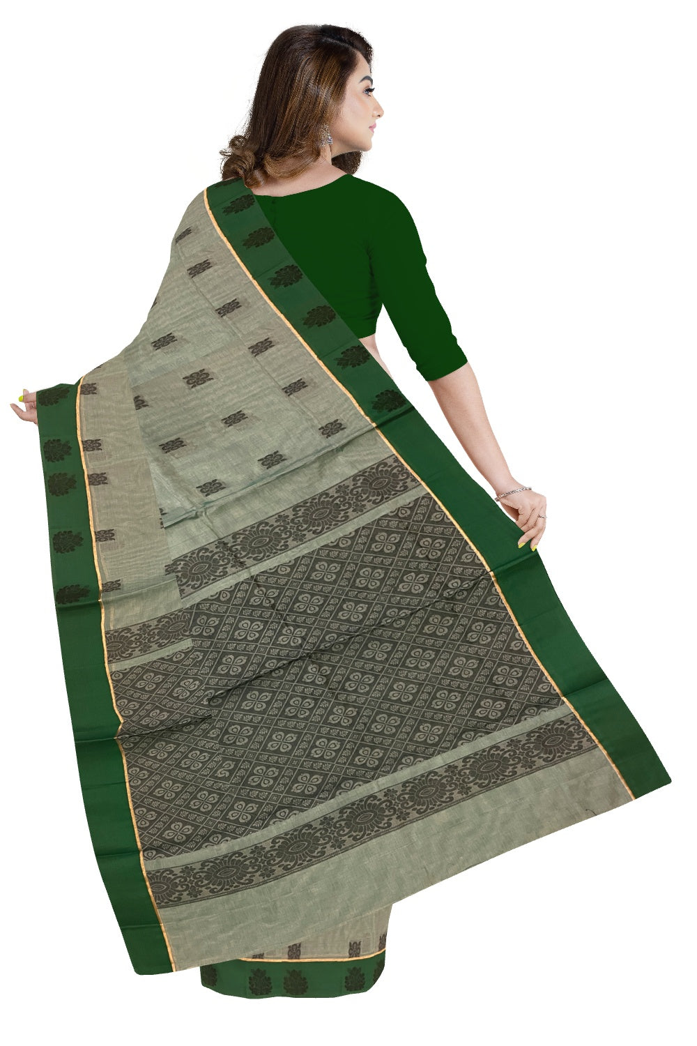 Southloom Cotton Green Saree with Woven Butta Works on Body