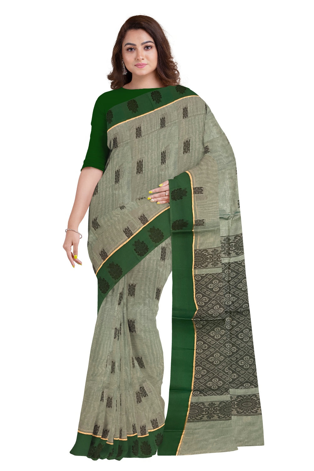 Southloom Cotton Green Saree with Woven Butta Works on Body