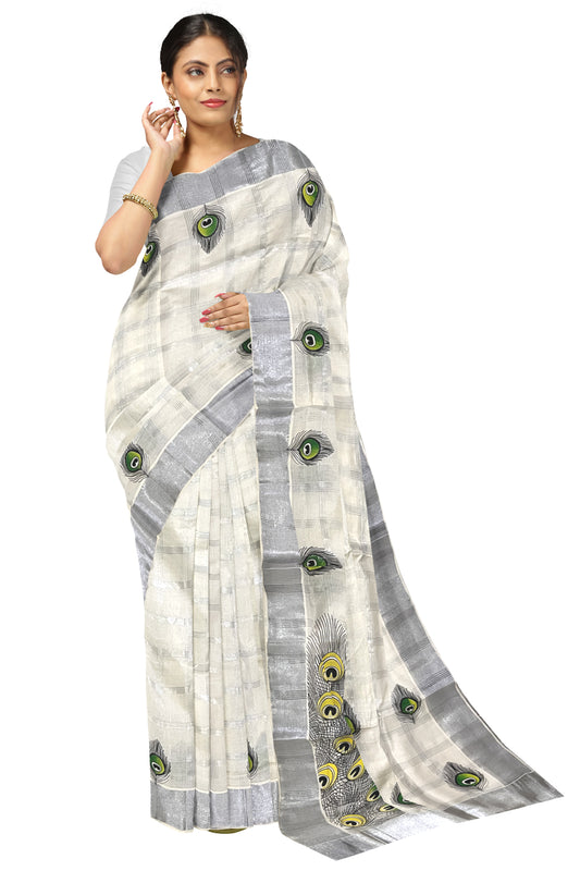 Pure Cotton Kerala Saree with Silver Kasavu Check Designs and Green Feather Block Printed Body (Onam Saree 2023)
