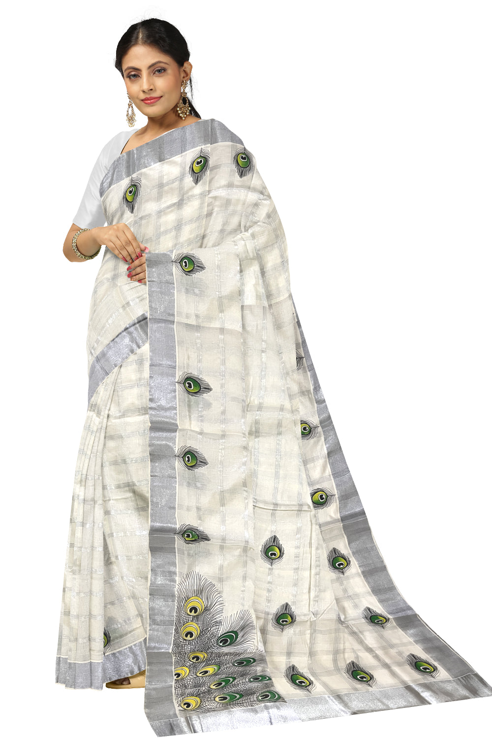 Pure Cotton Kerala Saree with Silver Kasavu Check Designs and Green Feather Block Printed Body (Onam Saree 2023)