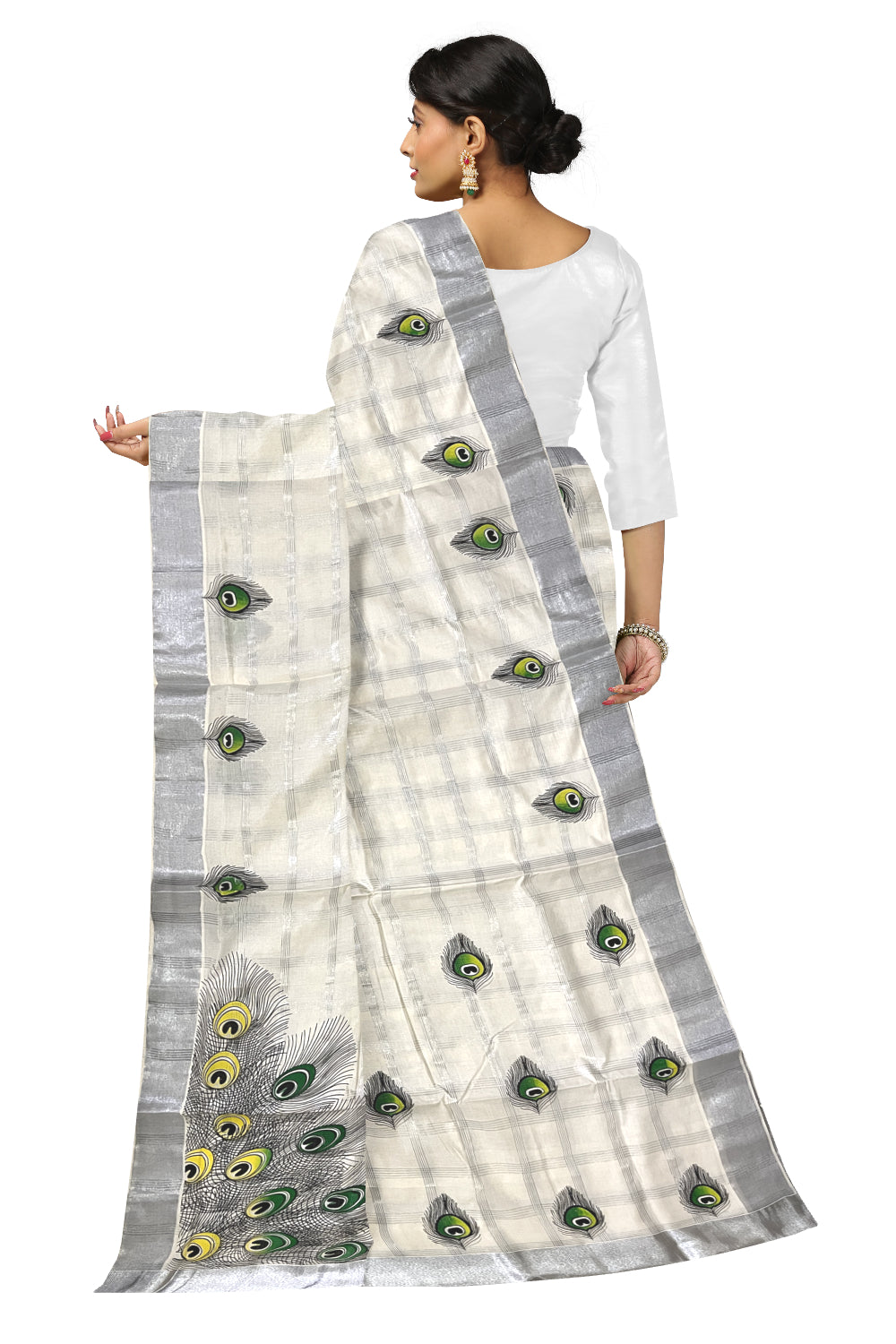 Pure Cotton Kerala Saree with Silver Kasavu Check Designs and Green Feather Block Printed Body (Onam Saree 2023)