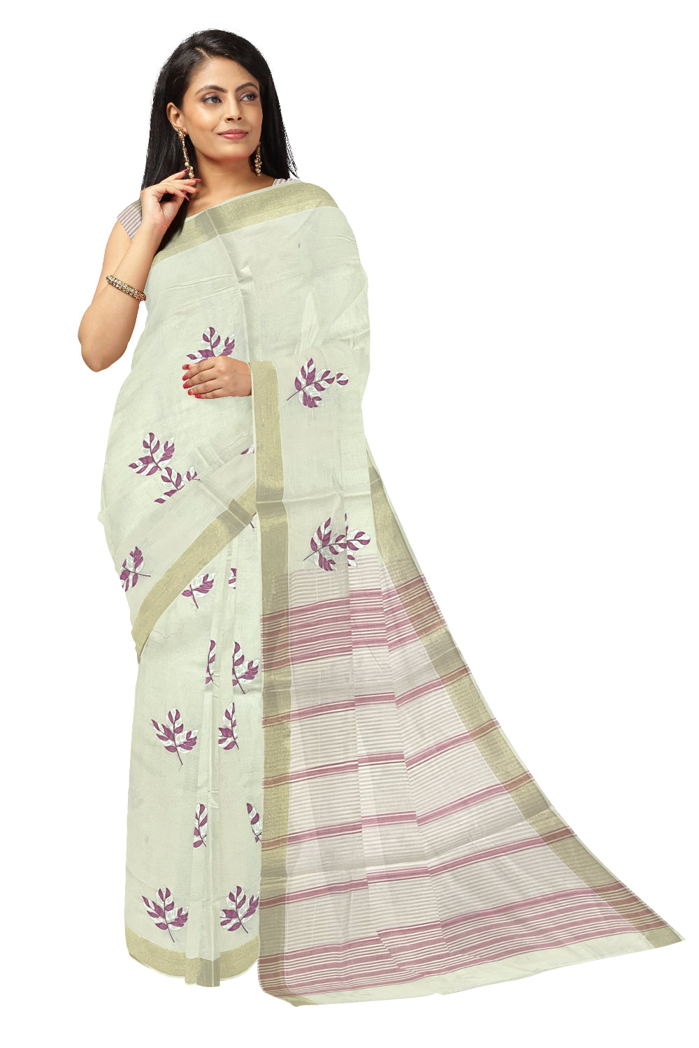 Pure Cotton Kerala Saree with Magenta Leaf Embroidery Work and Kasavu Border