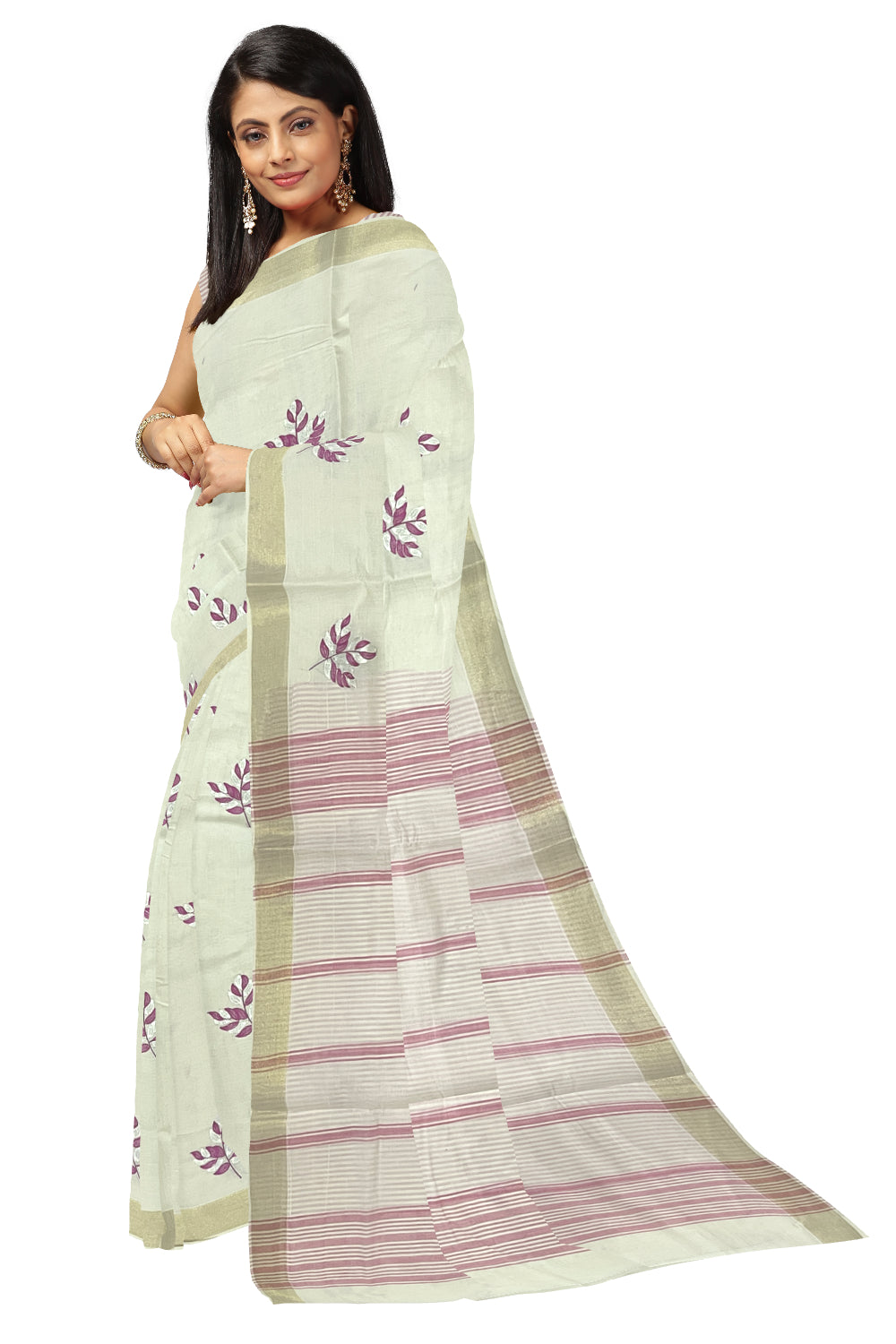 Pure Cotton Kerala Saree with Magenta Leaf Embroidery Work and Kasavu Border